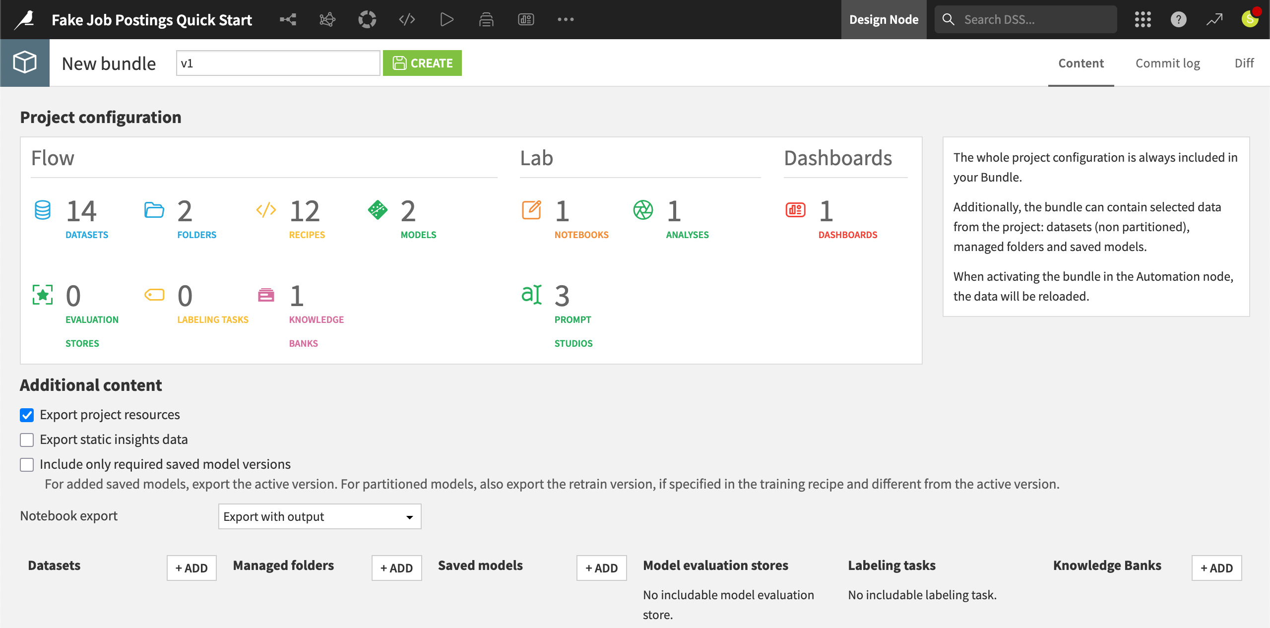 Dataiku screenshot of a project bundle.