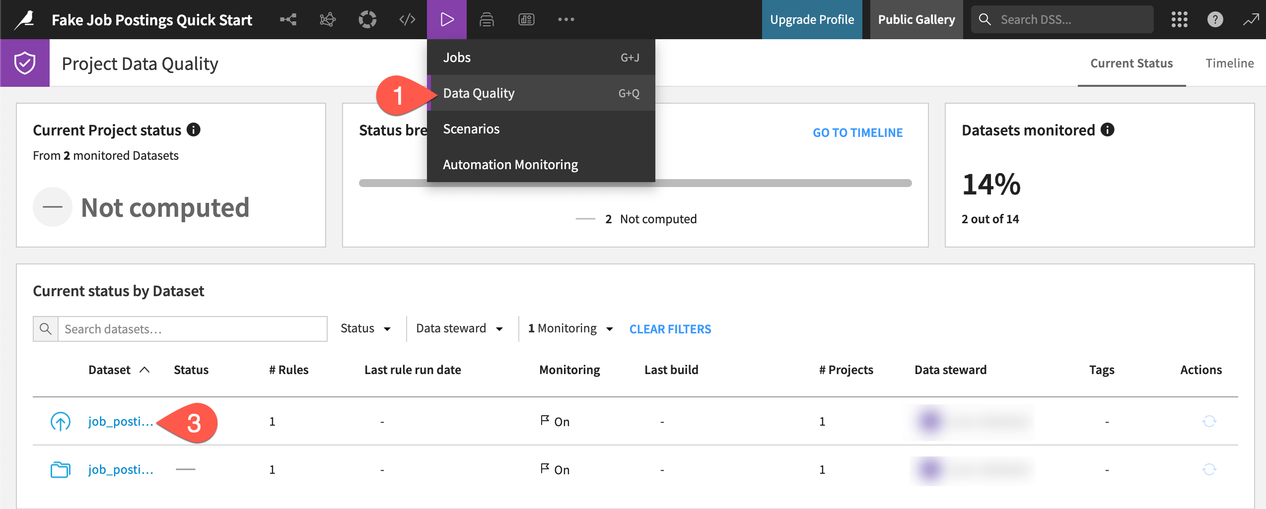 Dataiku screenshot of project-level data quality.