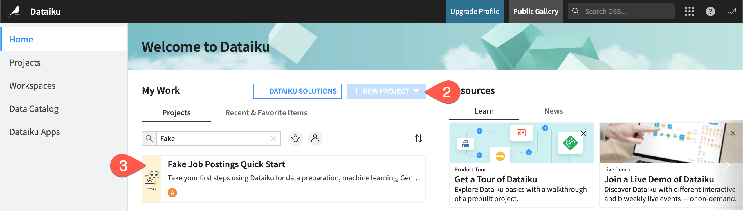 Dataiku screenshot of the homepage of the gallery.