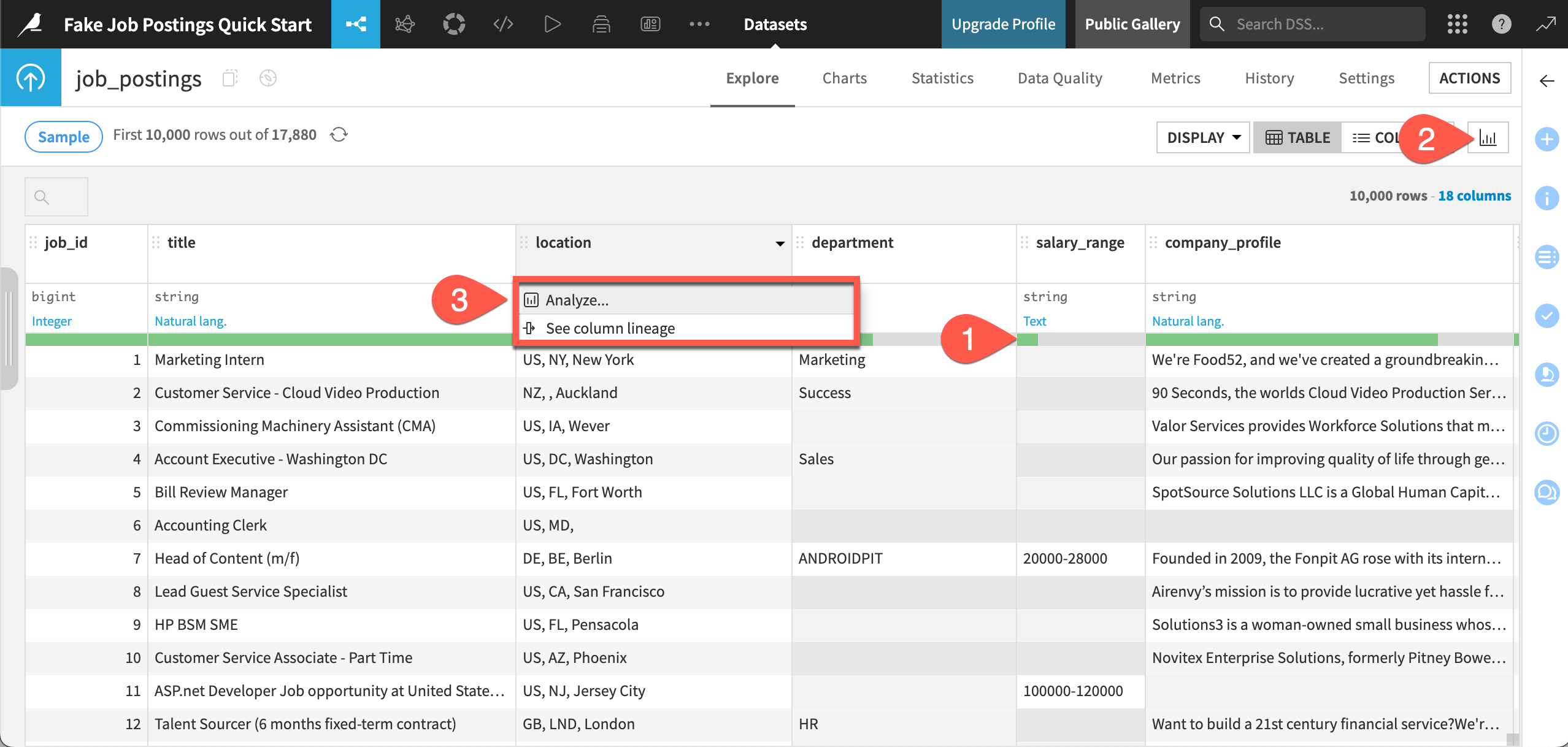 Dataiku screenshot of the Explore tab of a dataset.