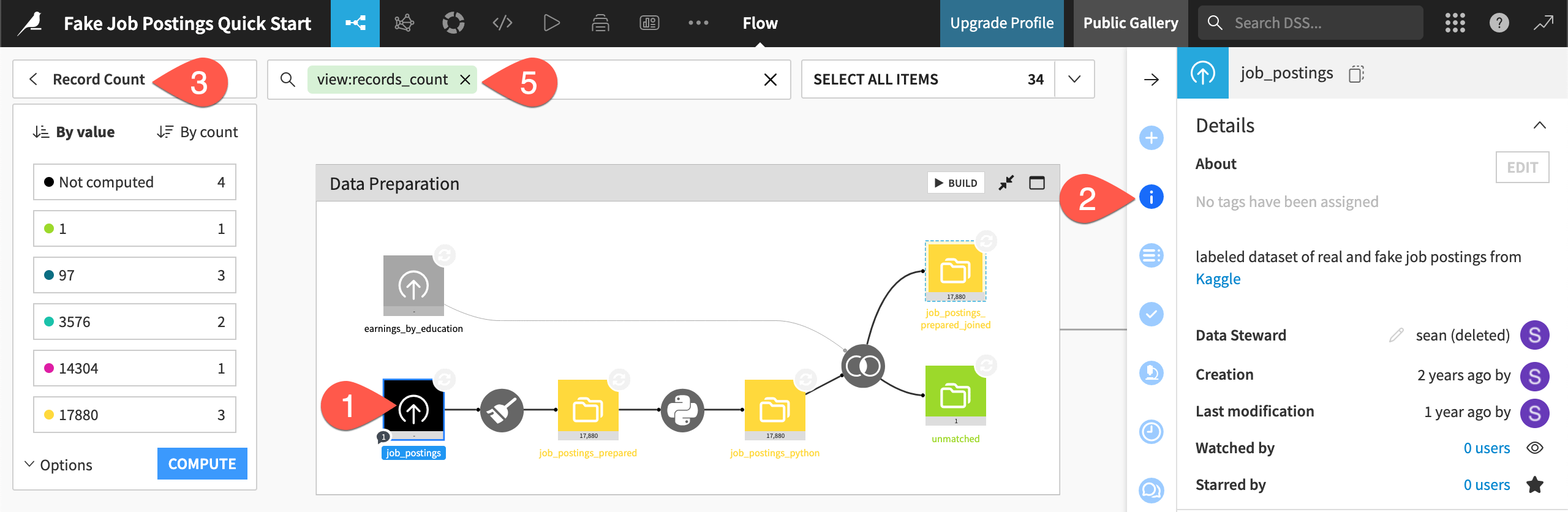 Dataiku screenshot of the records count Flow view.