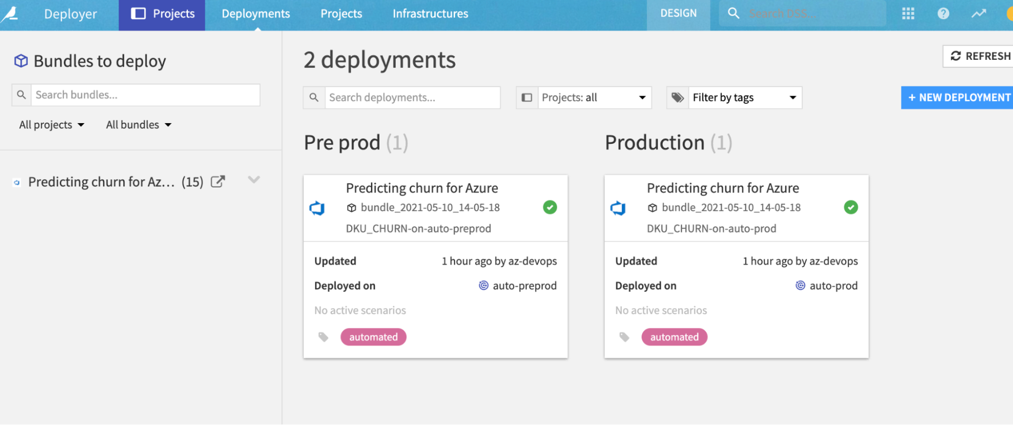 Screenshot of the Project Deployer in Dataiku.