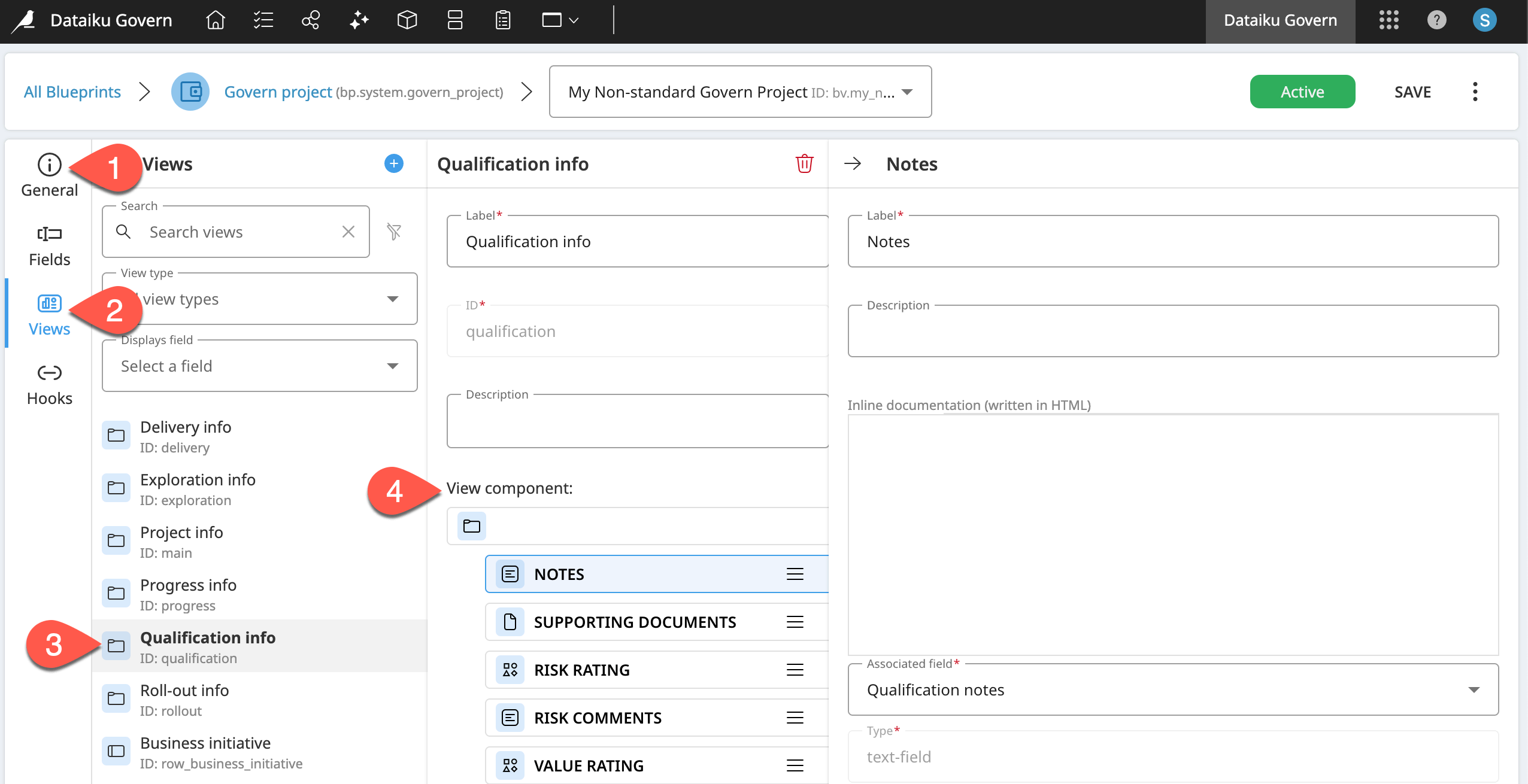 Dataiku screenshot of the Views panel of a Govern project blueprint version.