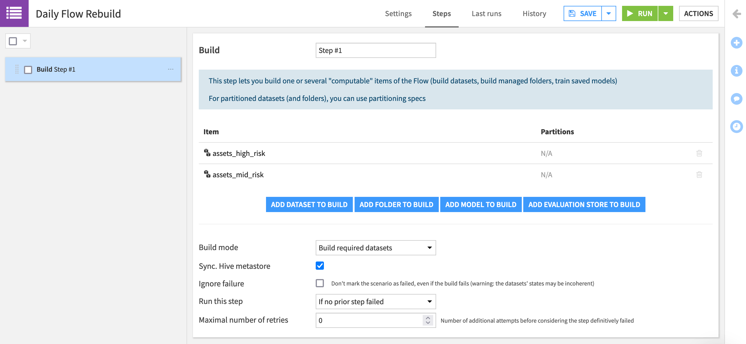 Dataiku screenshot of the Build/Train step in daily Flow rebuild scenario.