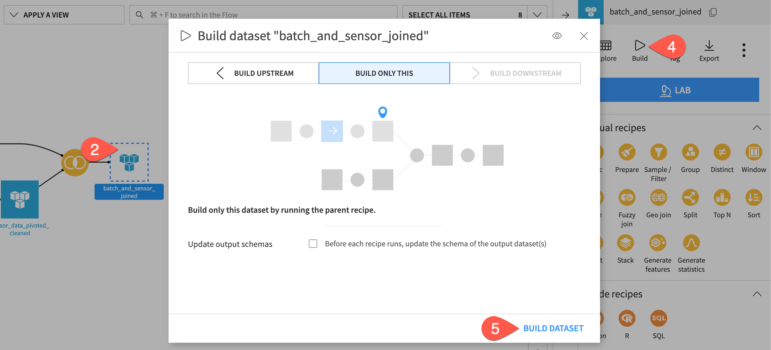 Dataiku screenshot of building a dataset.