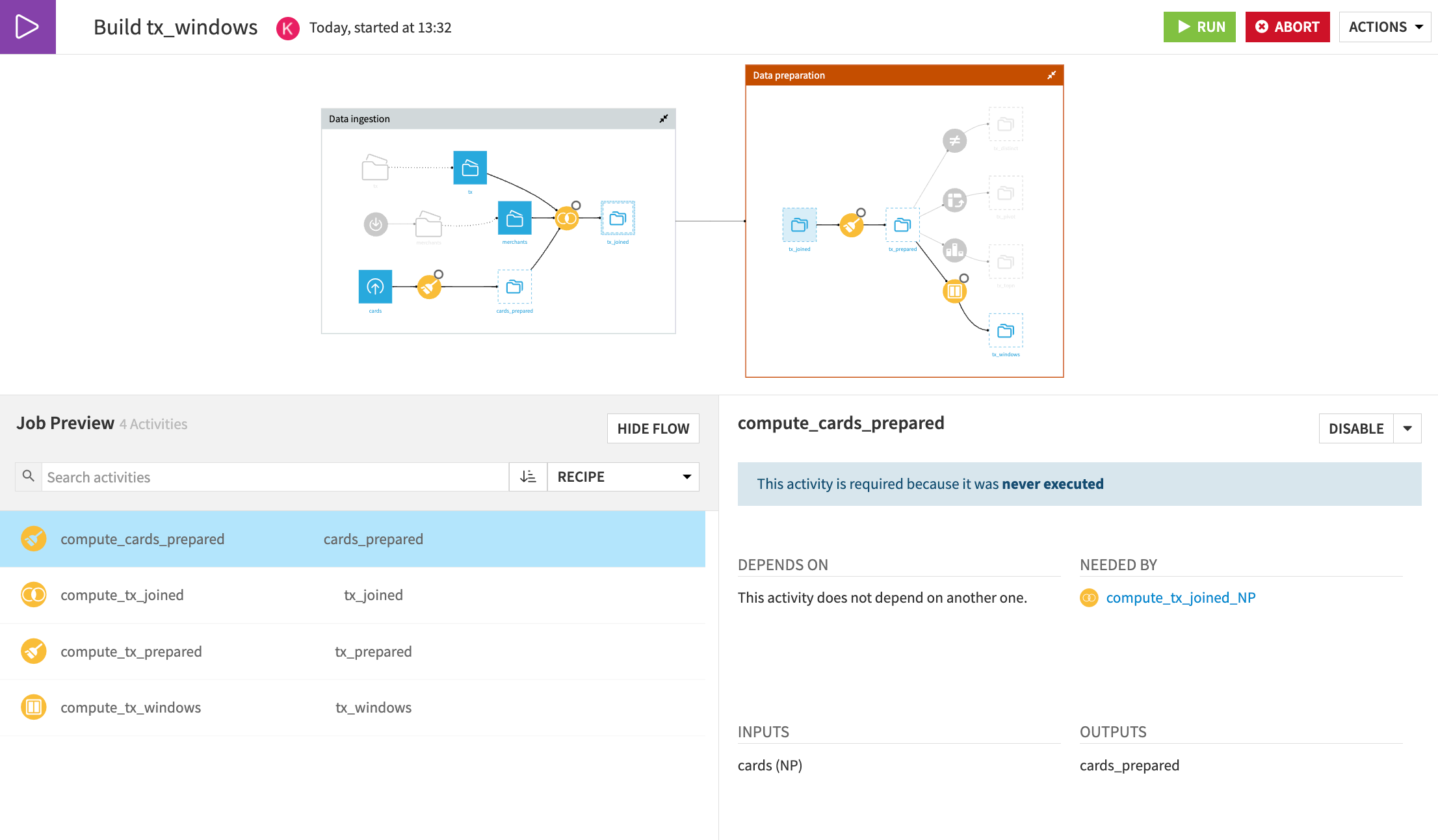 A Dataiku screenshot of the Preview of the build upstream job.