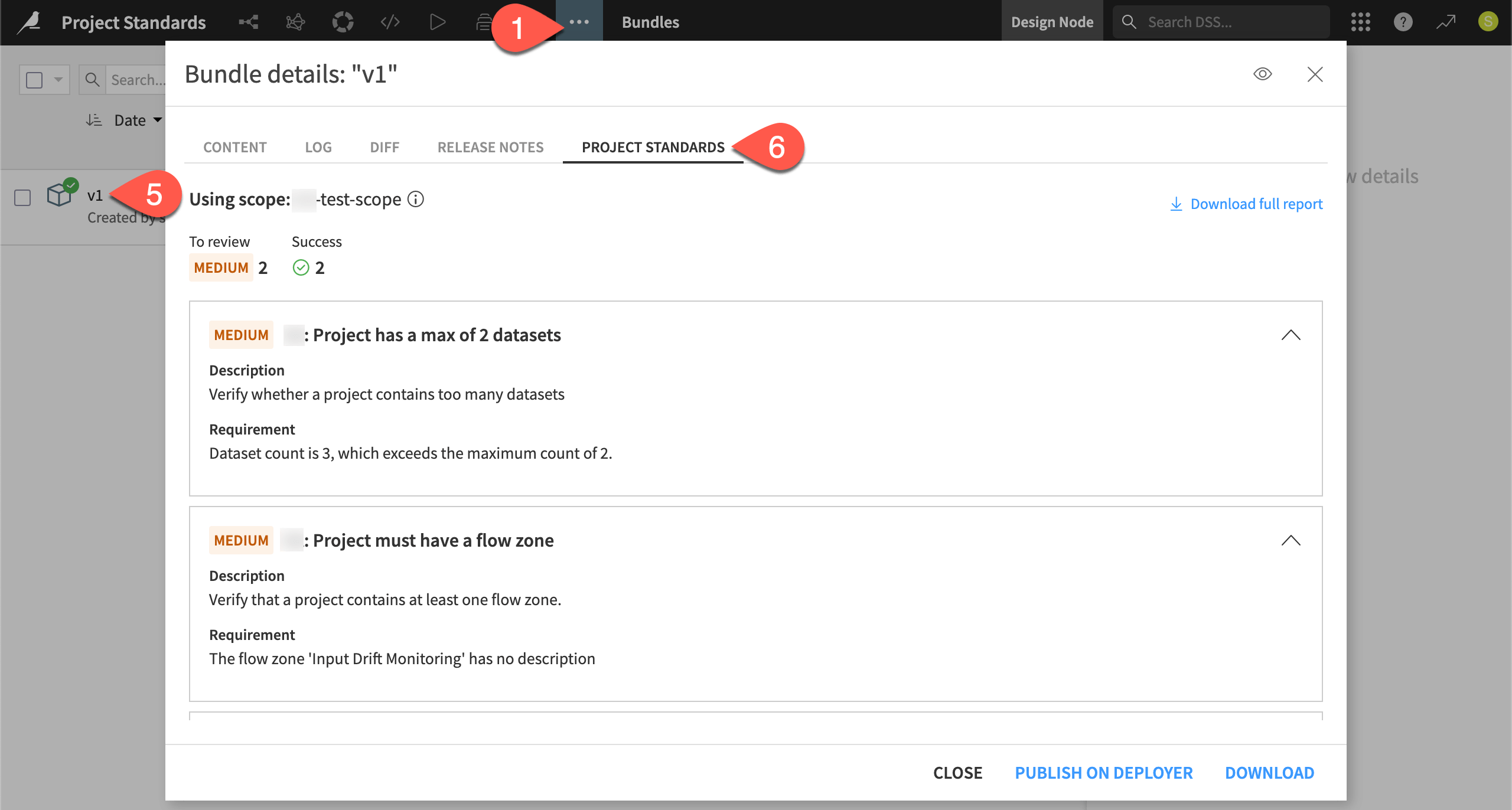 Dataiku screenshot of the Project Standards tab of a bundle.