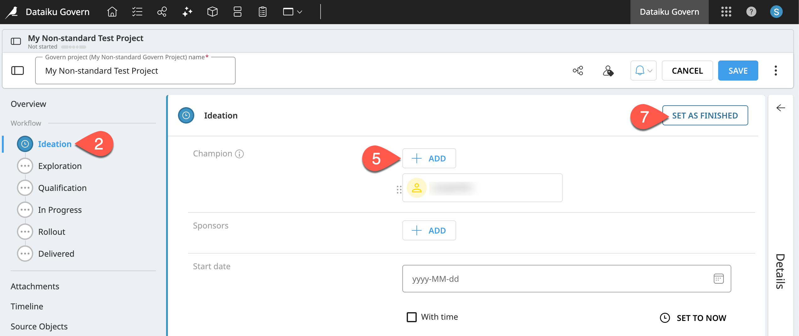 Dataiku screenshot of the champion field in a governed project.