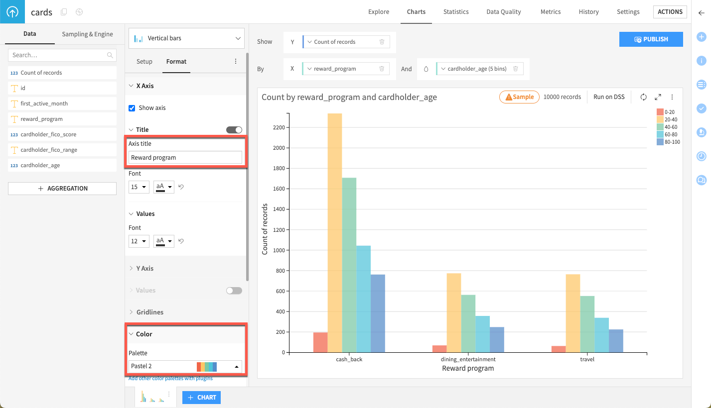Dataiku screenshot of some options used to customize a chart.