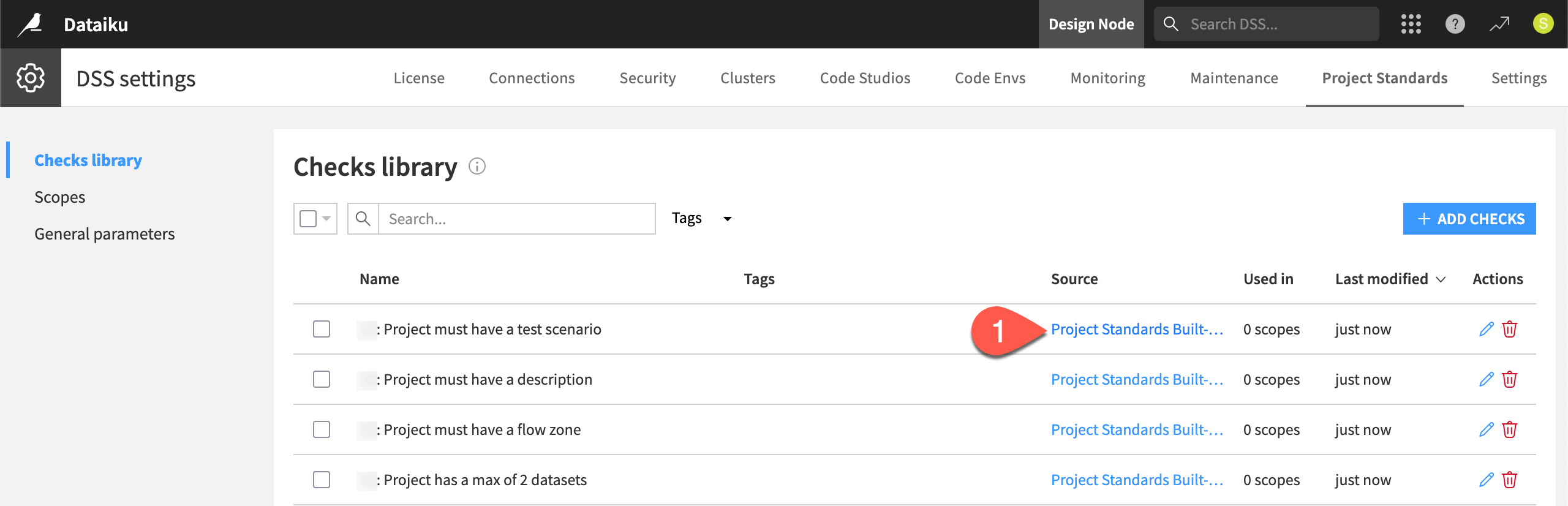 Dataiku screenshot of the checks library highlighting the source column.