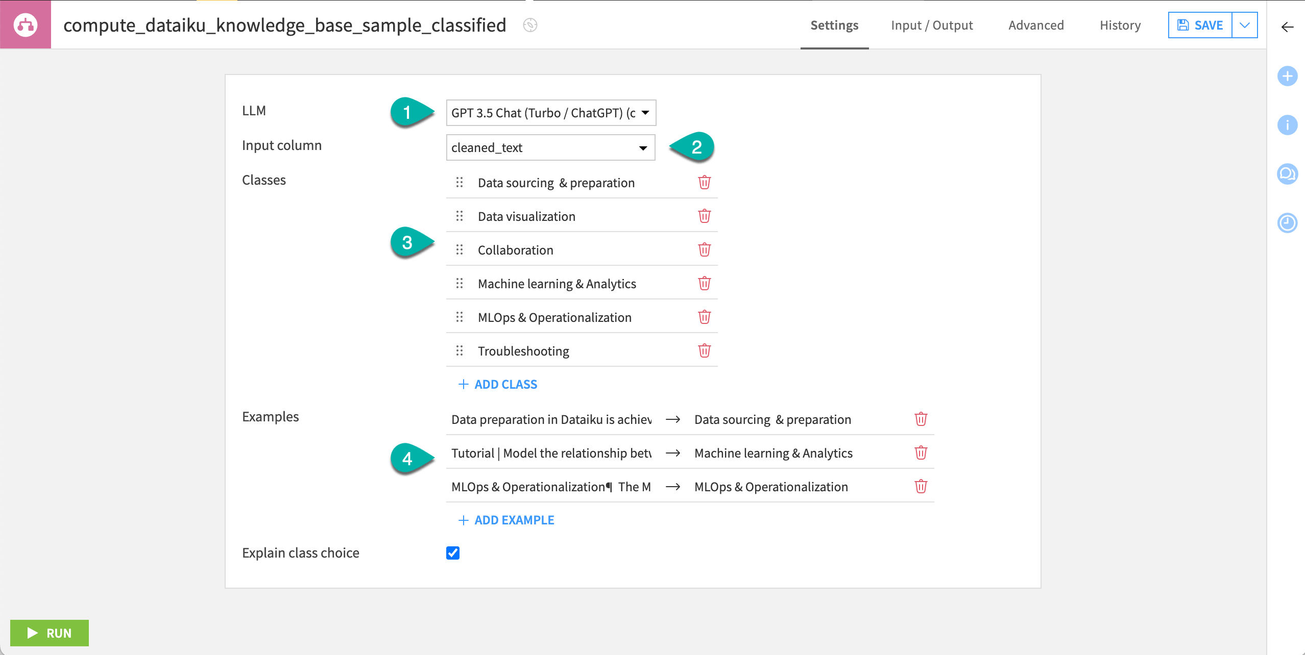 Screenshot of classes defined by the user in the settings page of the Classify text recipe.