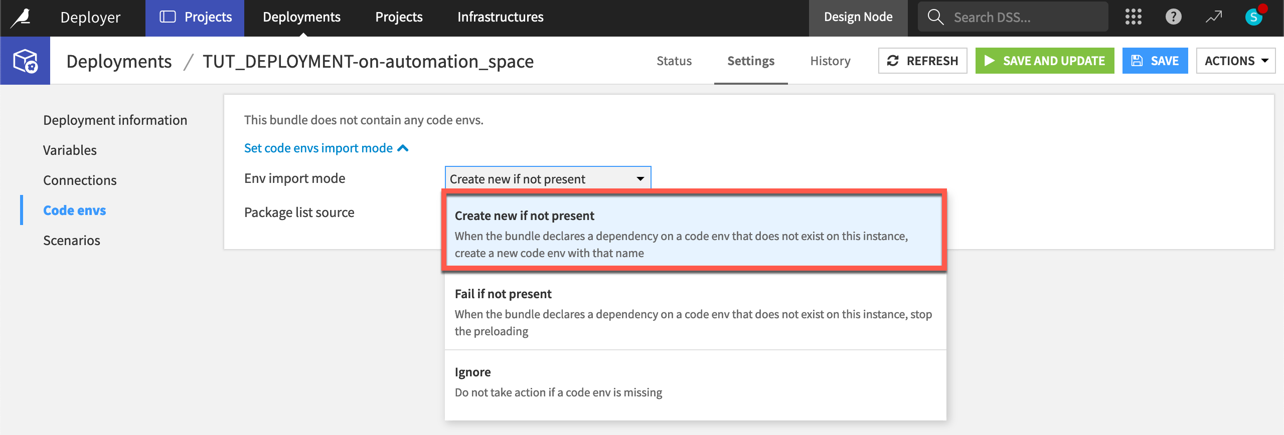 Dataiku screenshot of the code environment settings on the Deployer.