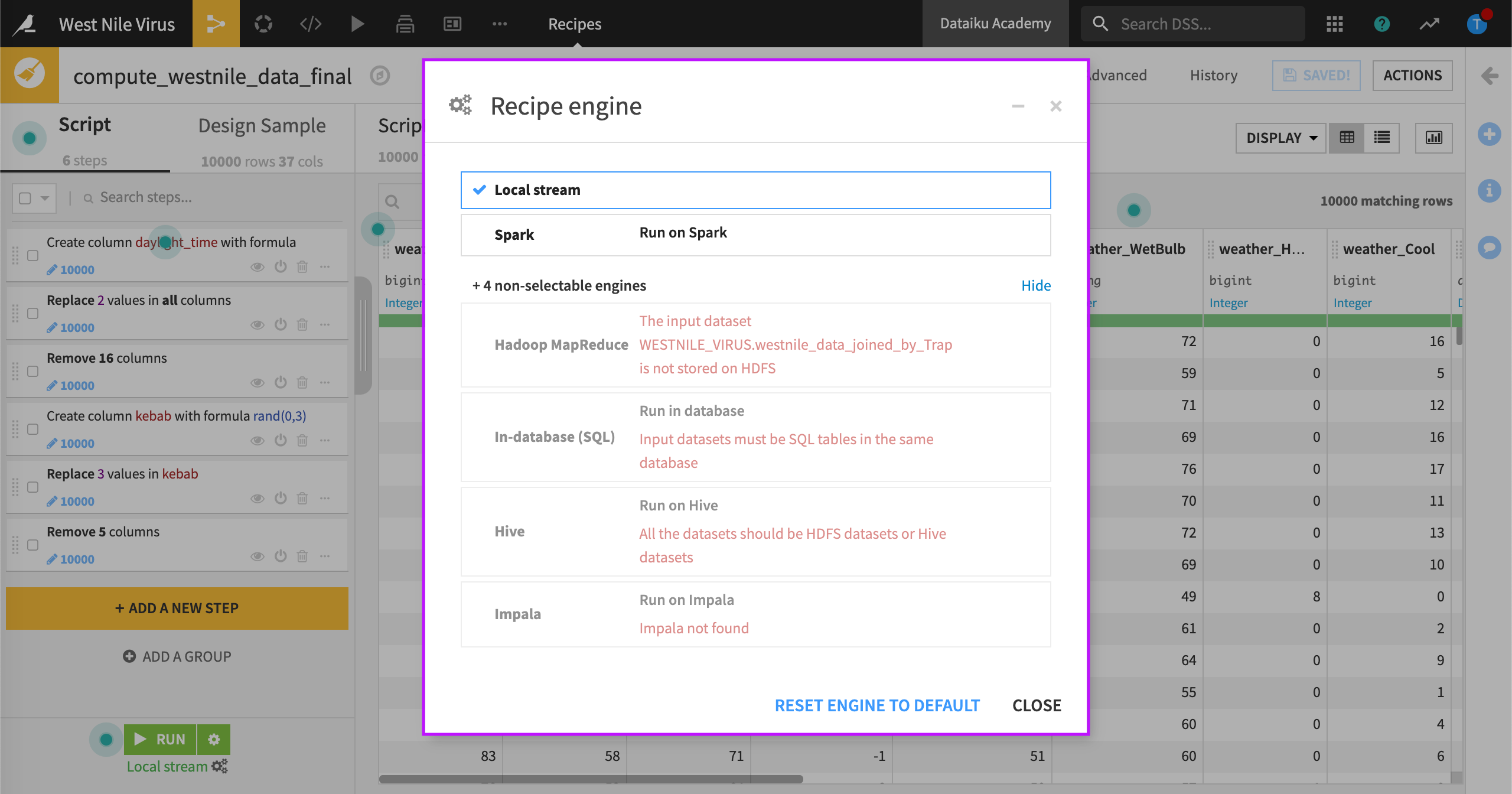 Screenshot of the computation engine selection screen.
