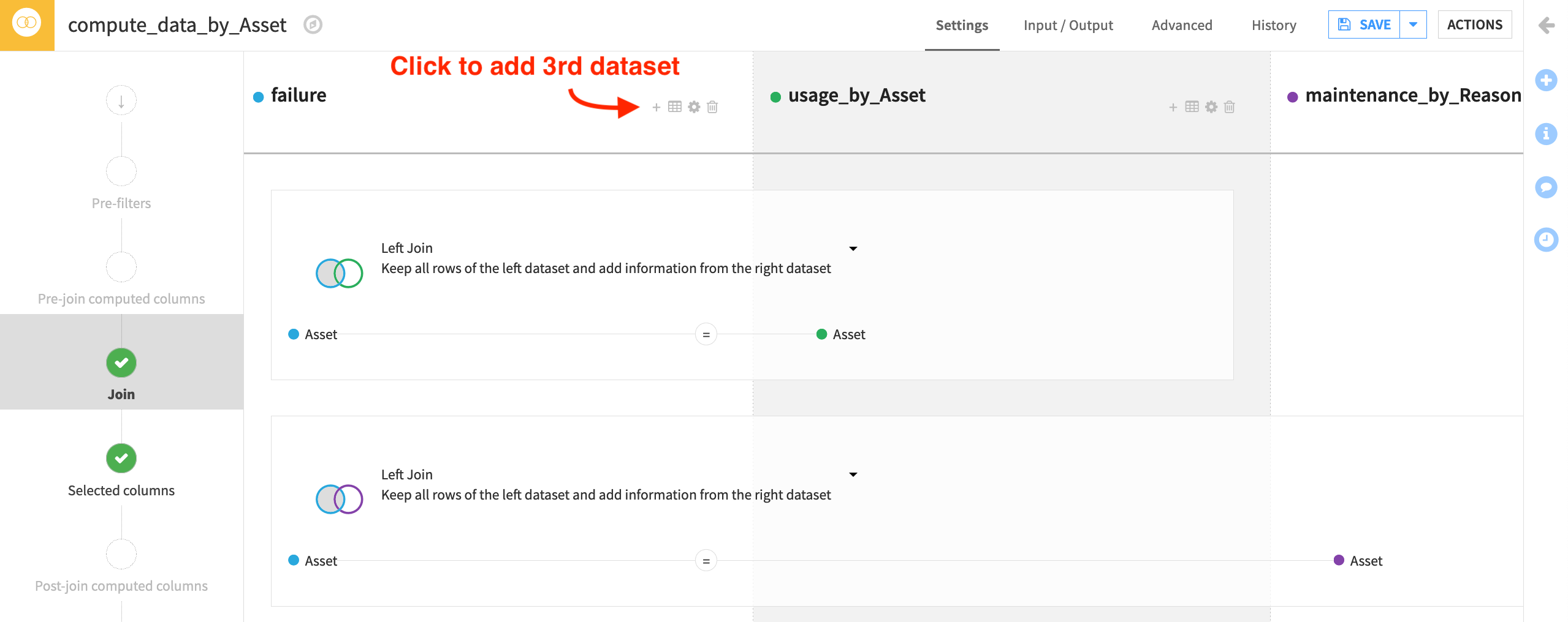 Dataiku screenshot of the Join step of a Join recipe