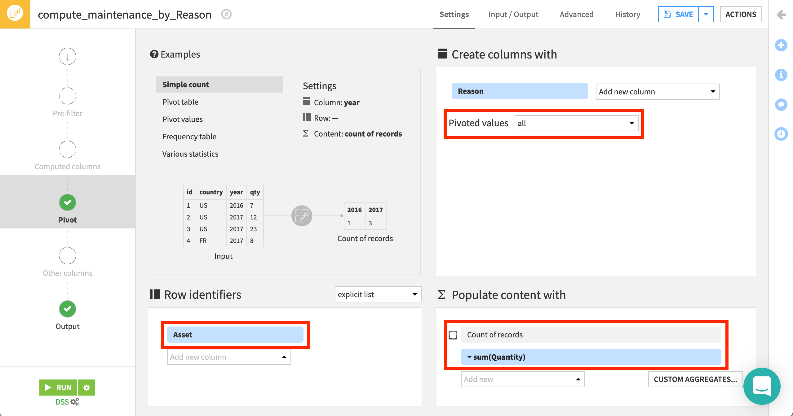 Dataiku screenshot of the Pivot step of a Pivot recipe.