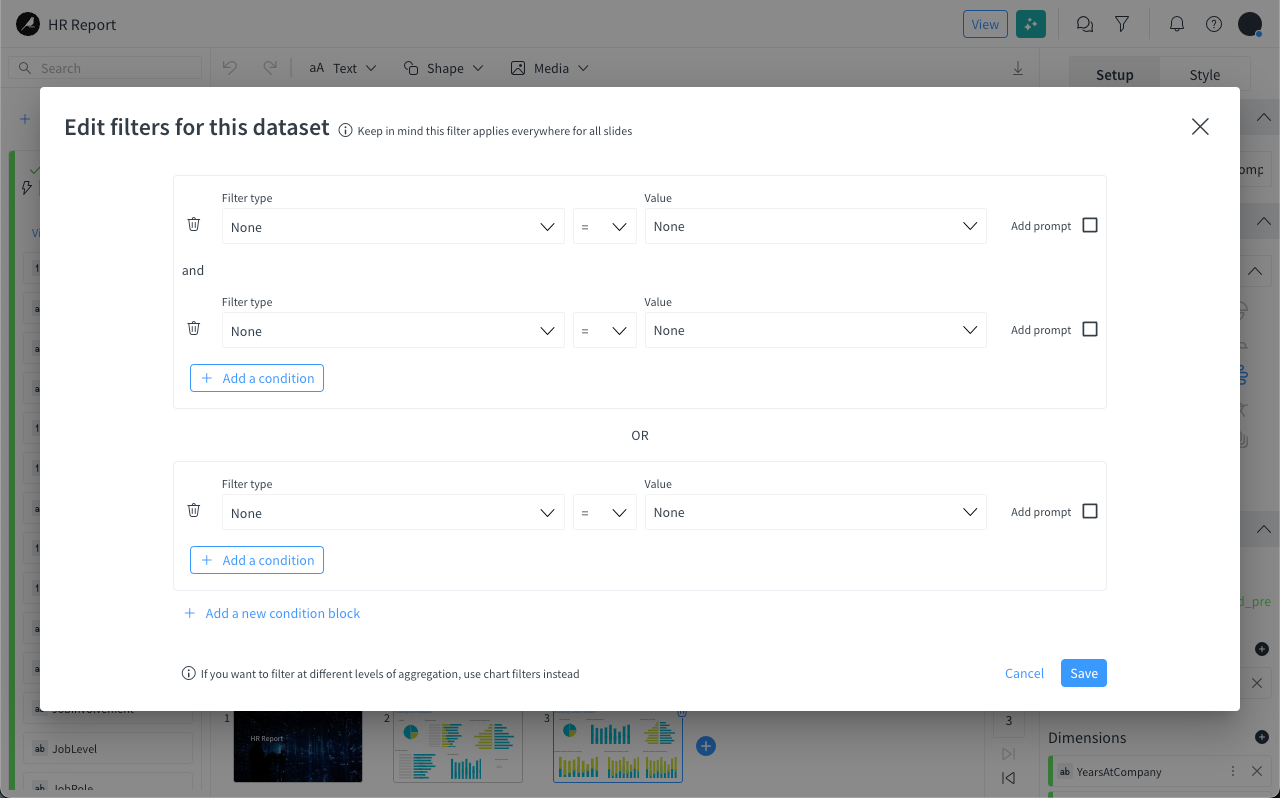 Dataiku screenshot of the dialog to define filters at the dataset level.