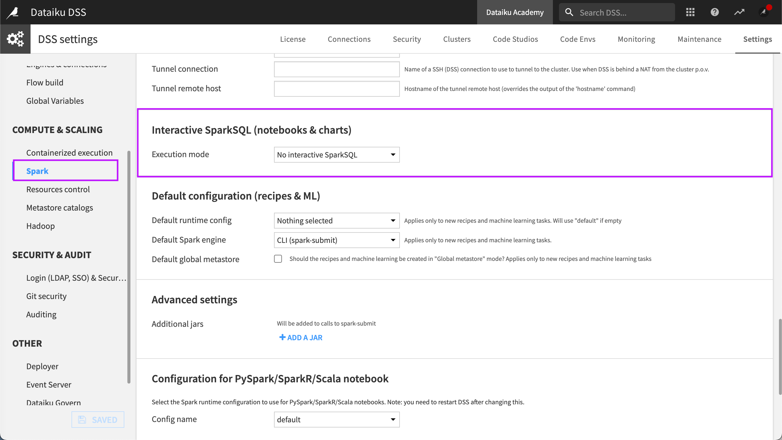 Configuring interactive SparkSQL execution mode.