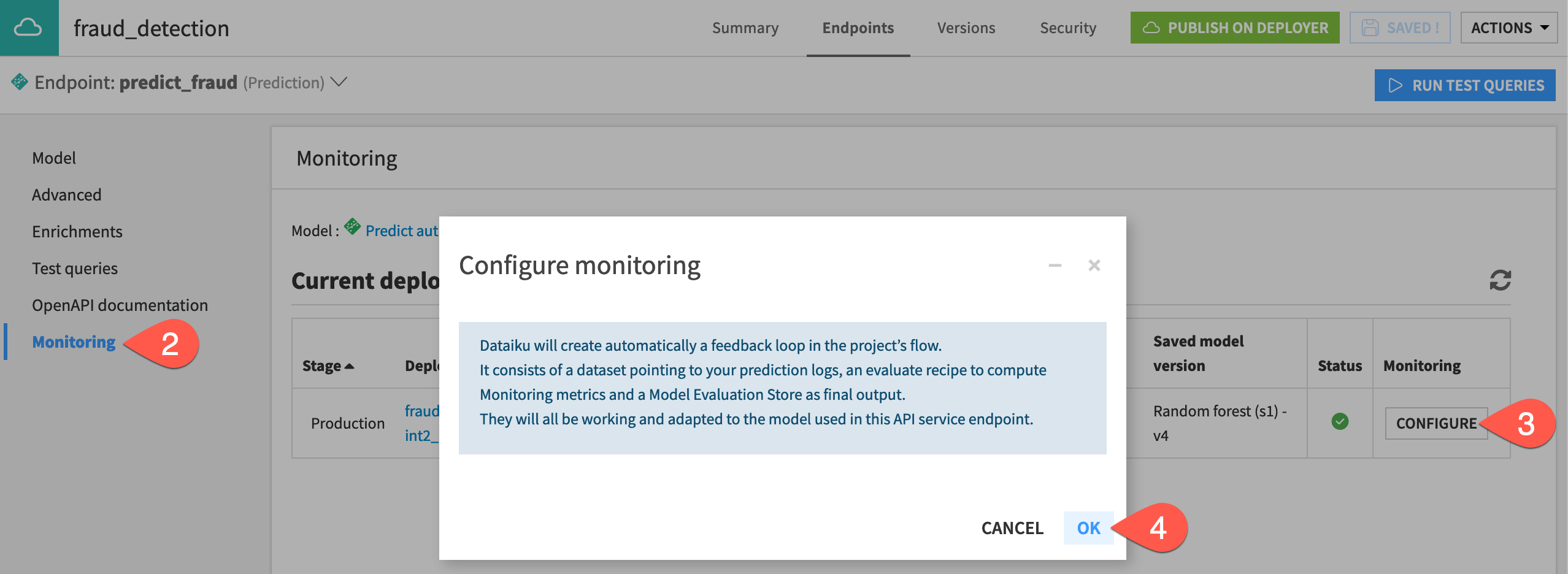 Dataiku screenshot of the monitoring panel of an API endpoint.