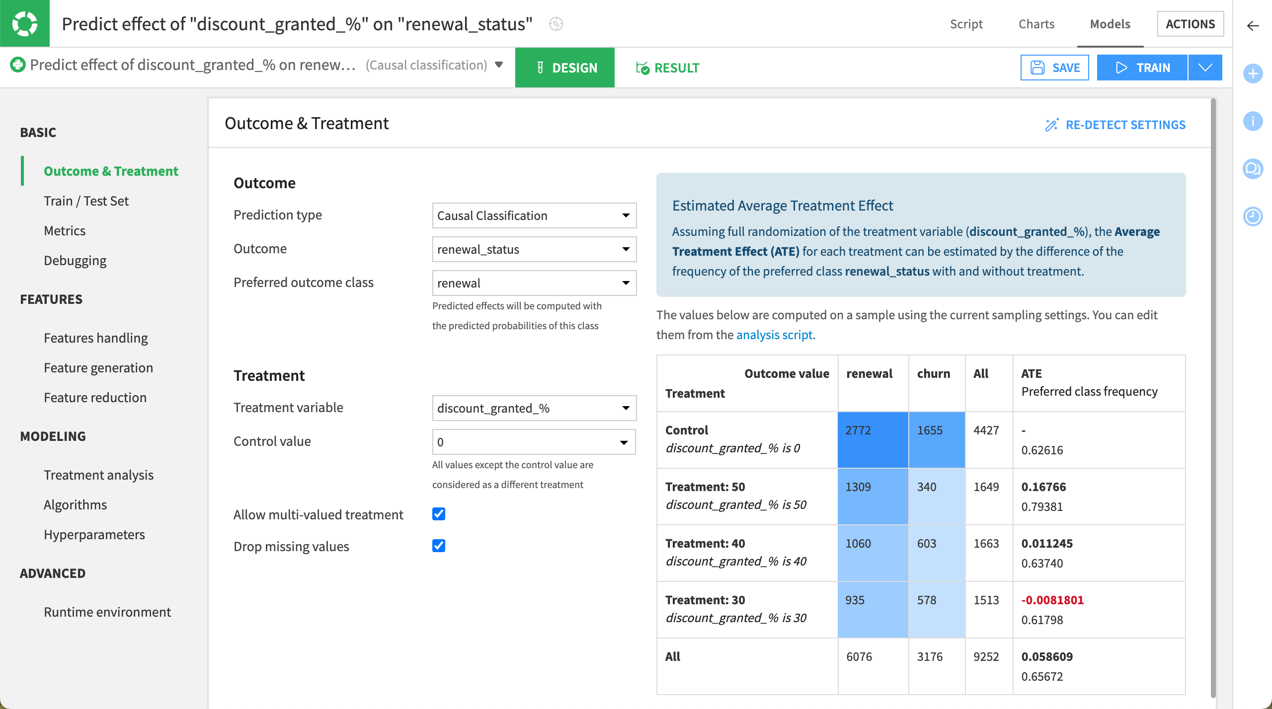 Configuration of the Outcome & Treatment panel.