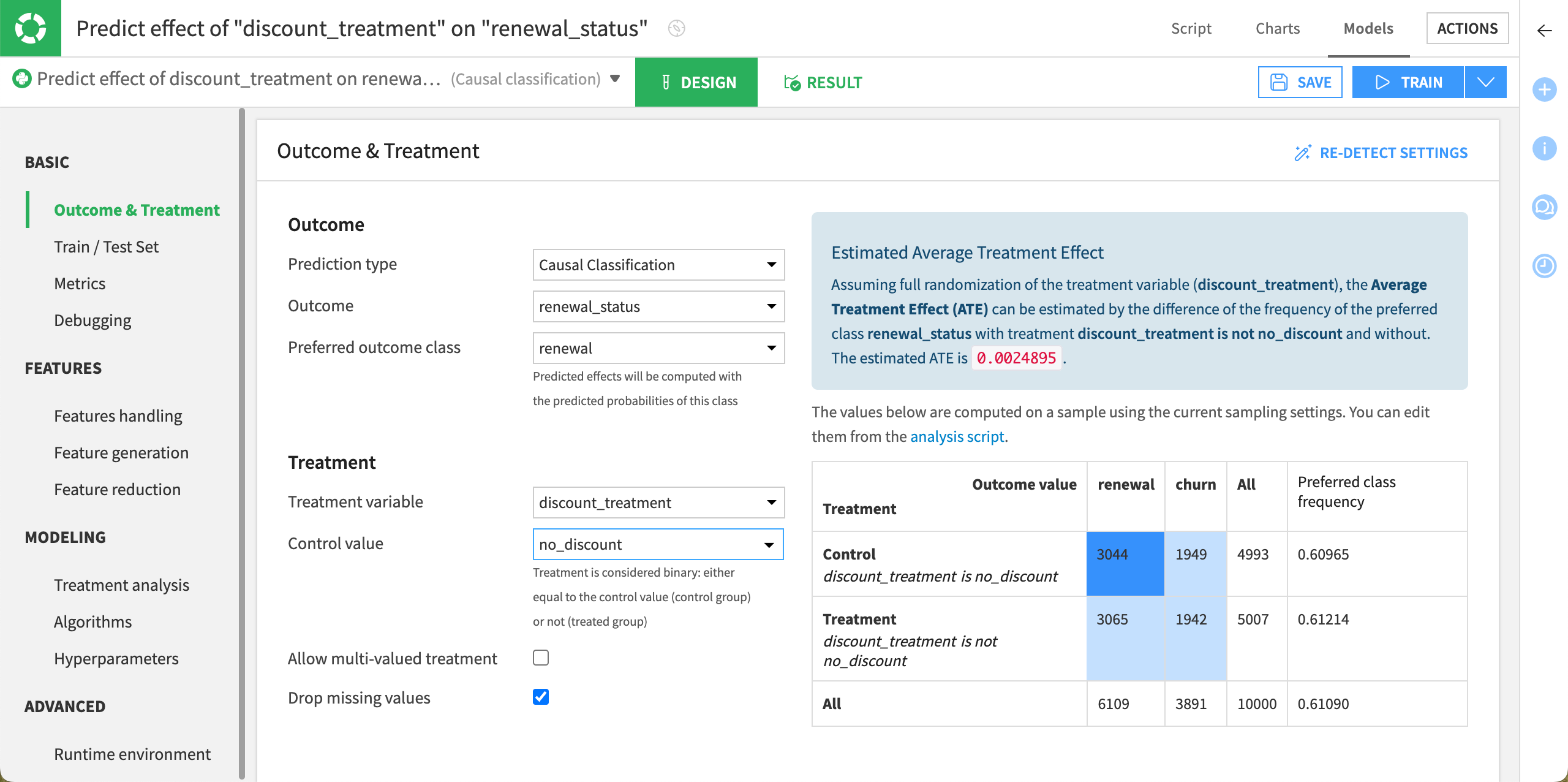Configuration of the Outcome & Treatment panel.