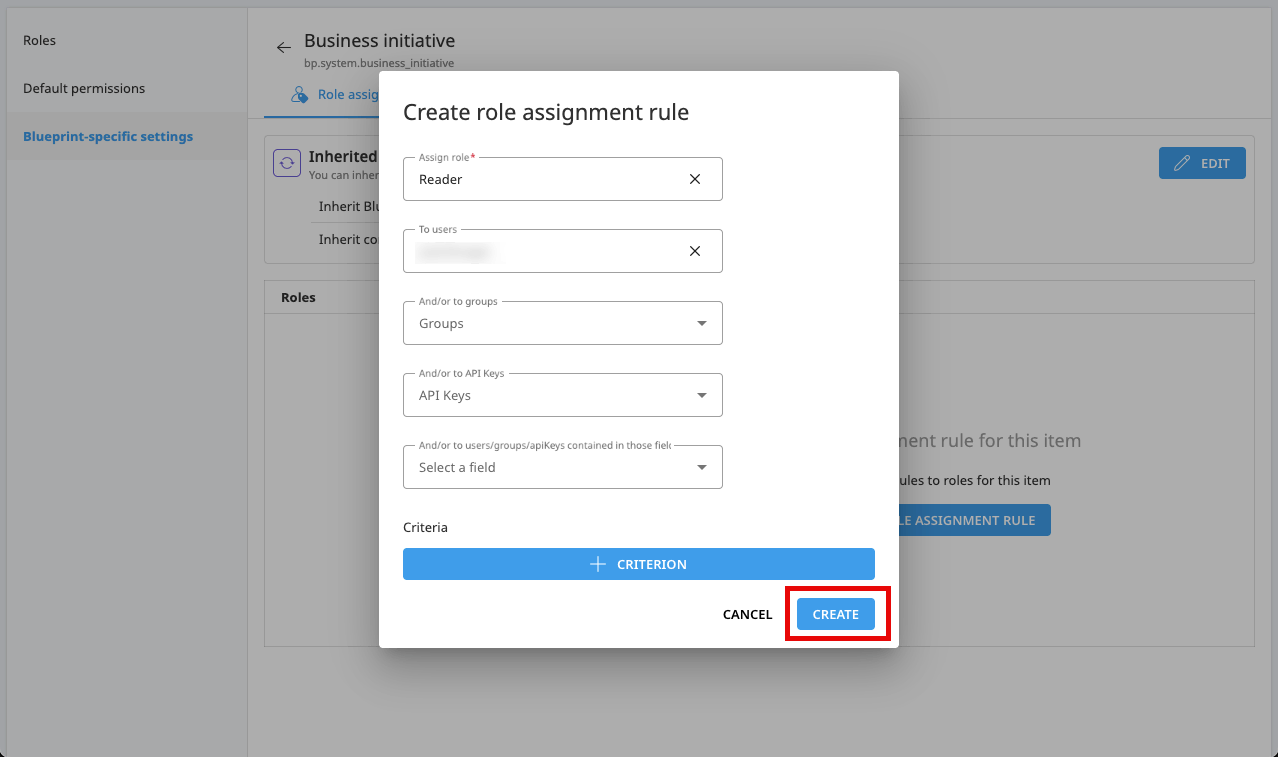 A Dataiku Govern screenshot showing the Reader rule configuration in the dialogue box.