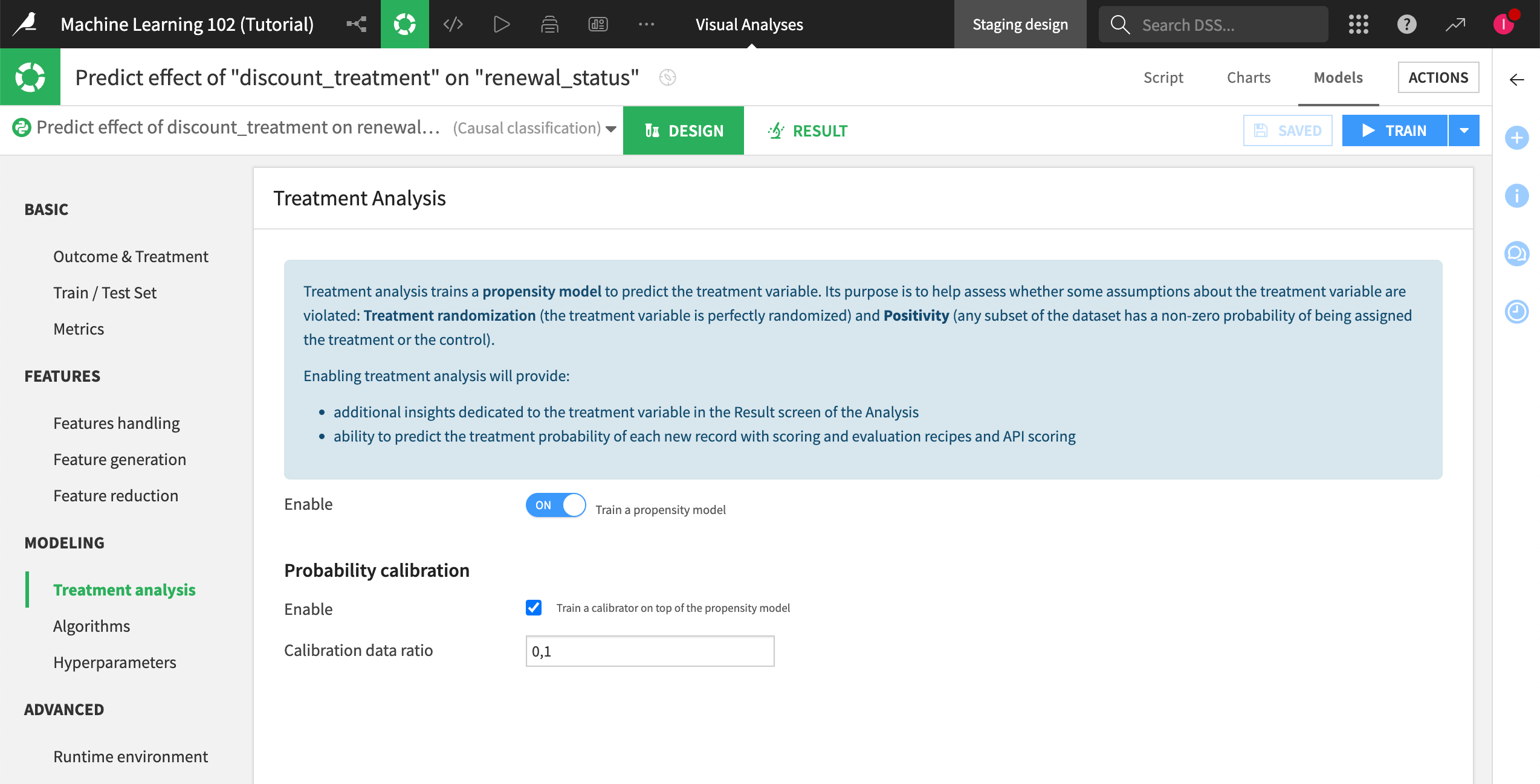 Configuration of the Treatment Analysis panel.