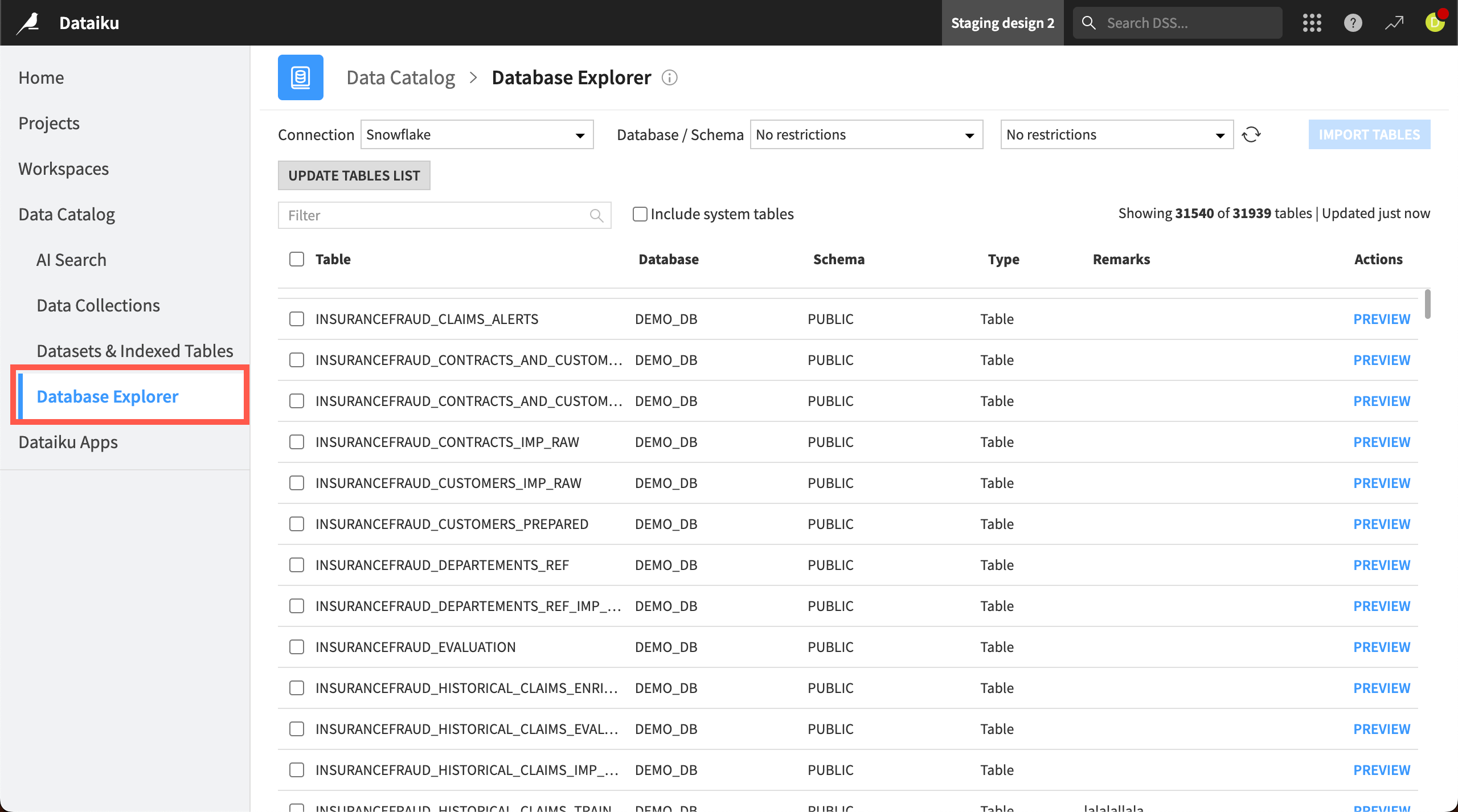 Screenshot of the database explorer.