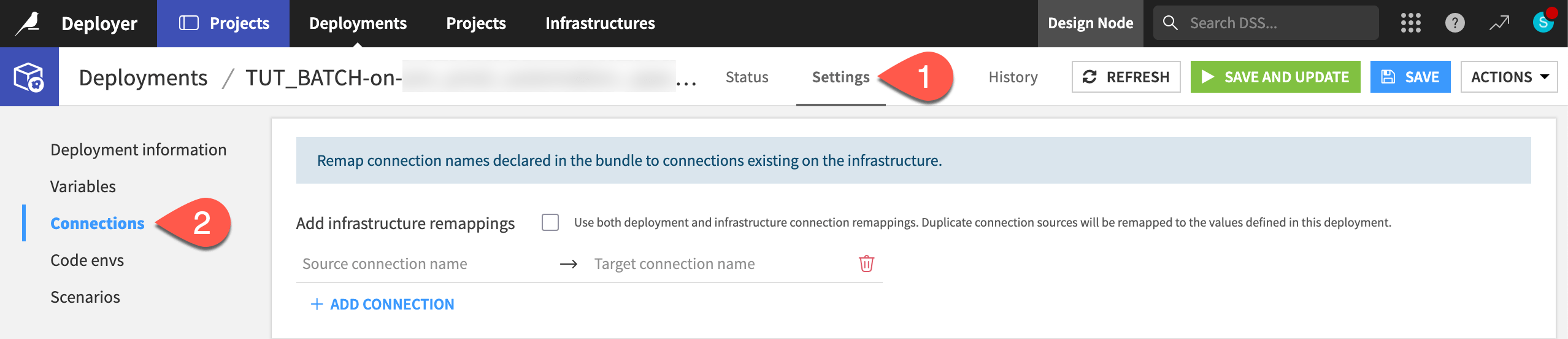 Dataiku screenshot of the Connections page of a deployment's settings.