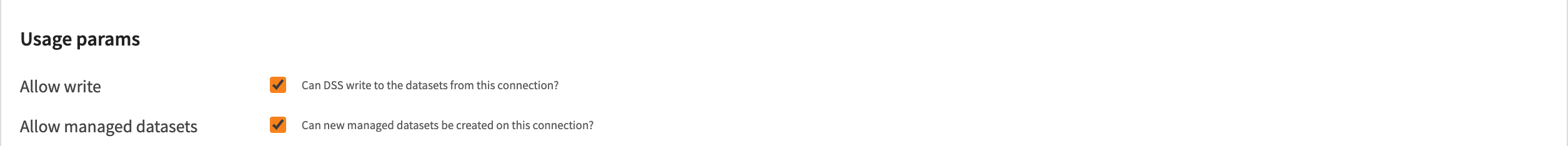 Usage Parameters section of the Connections tab within DSS settings.