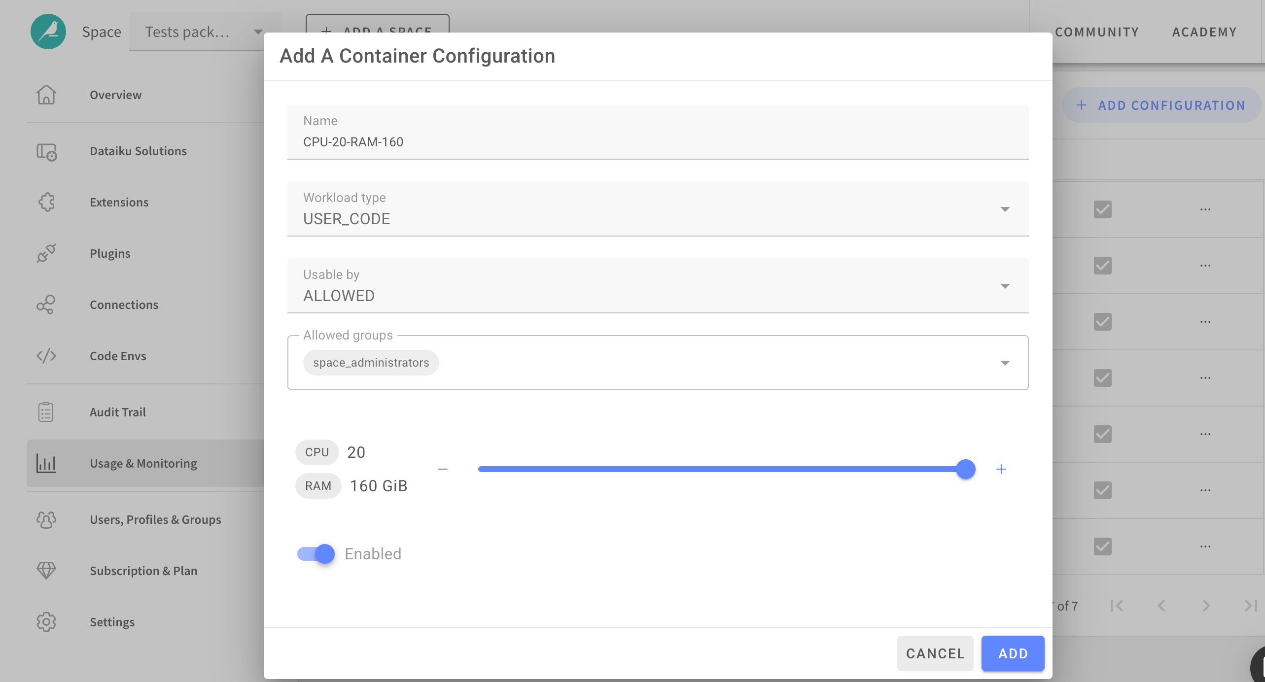 Dataiku screenshot of how to create a new containerized execution configuration.