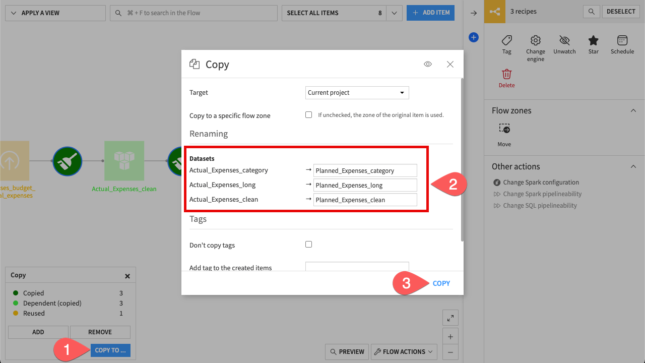 Dataiku screenshot showing how to copy a recipe from the Flow.
