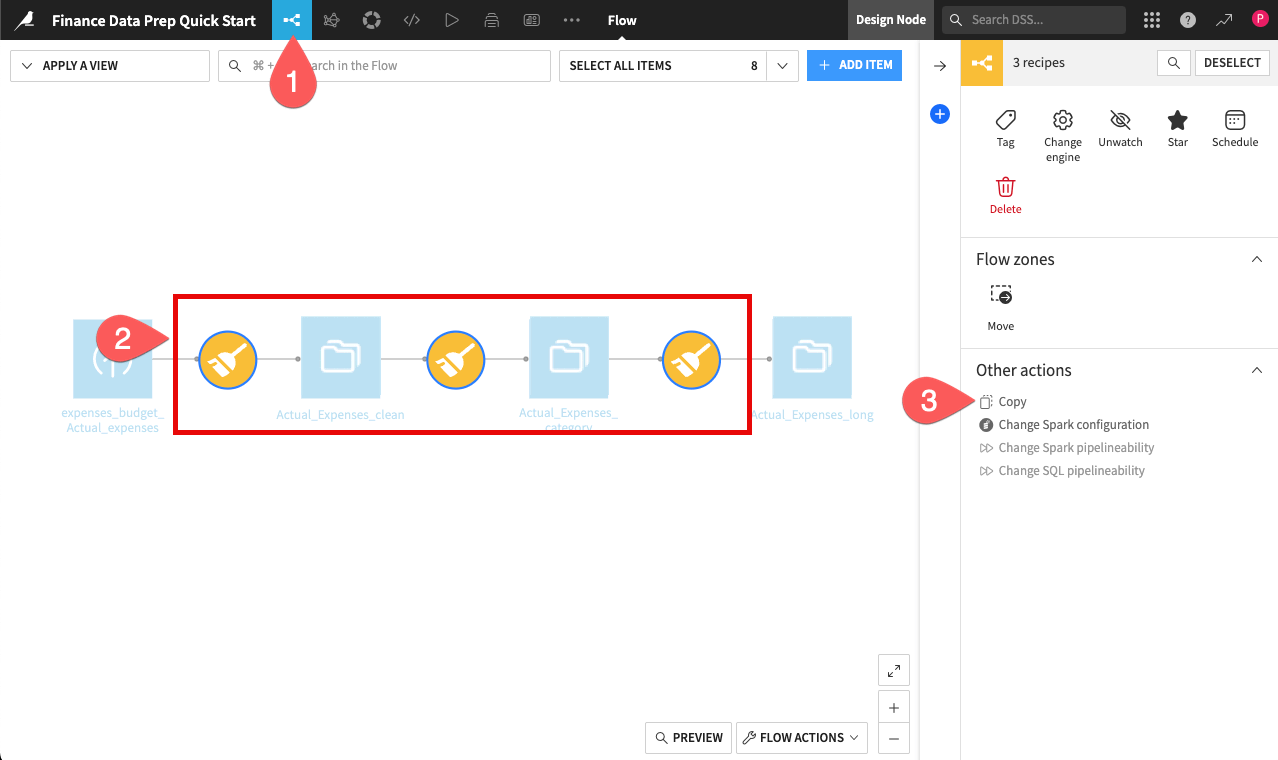 Dataiku screenshot showing how to copy a recipe from the Flow.