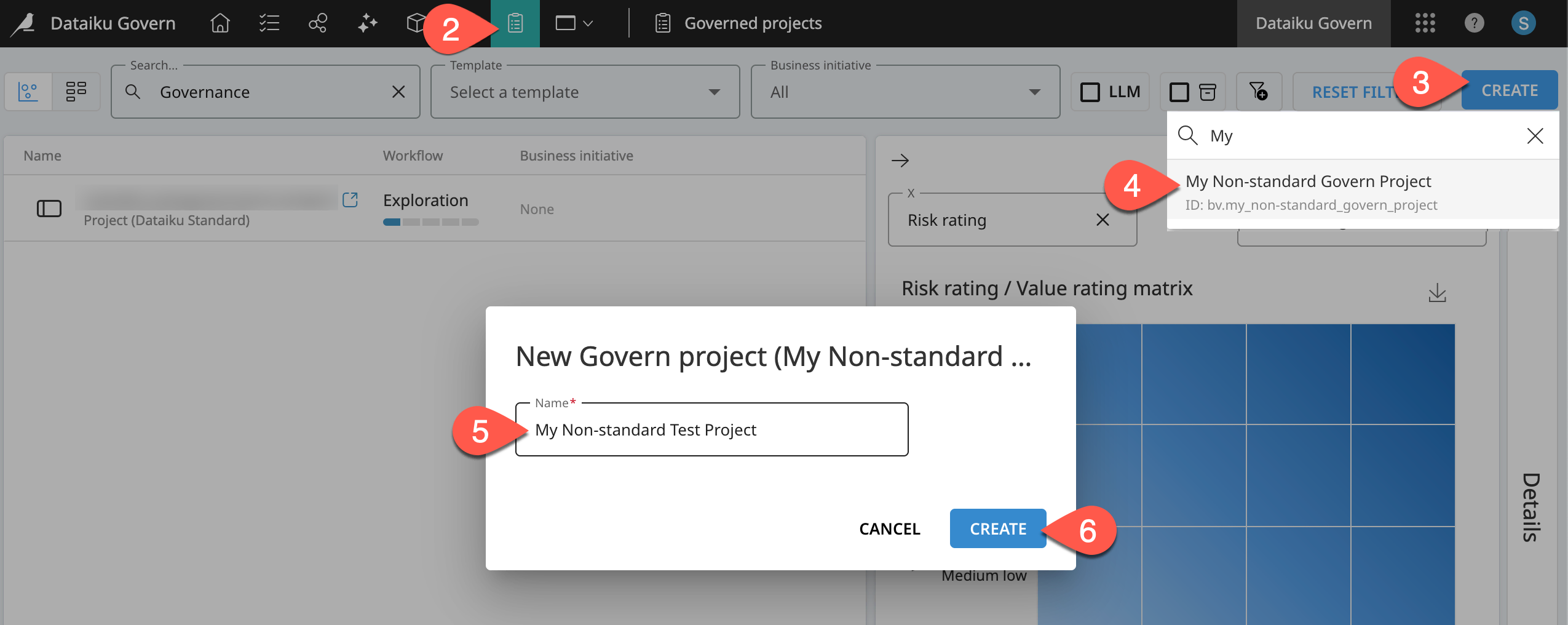 Dataiku screenshot of the dialog for creating a Govern project.