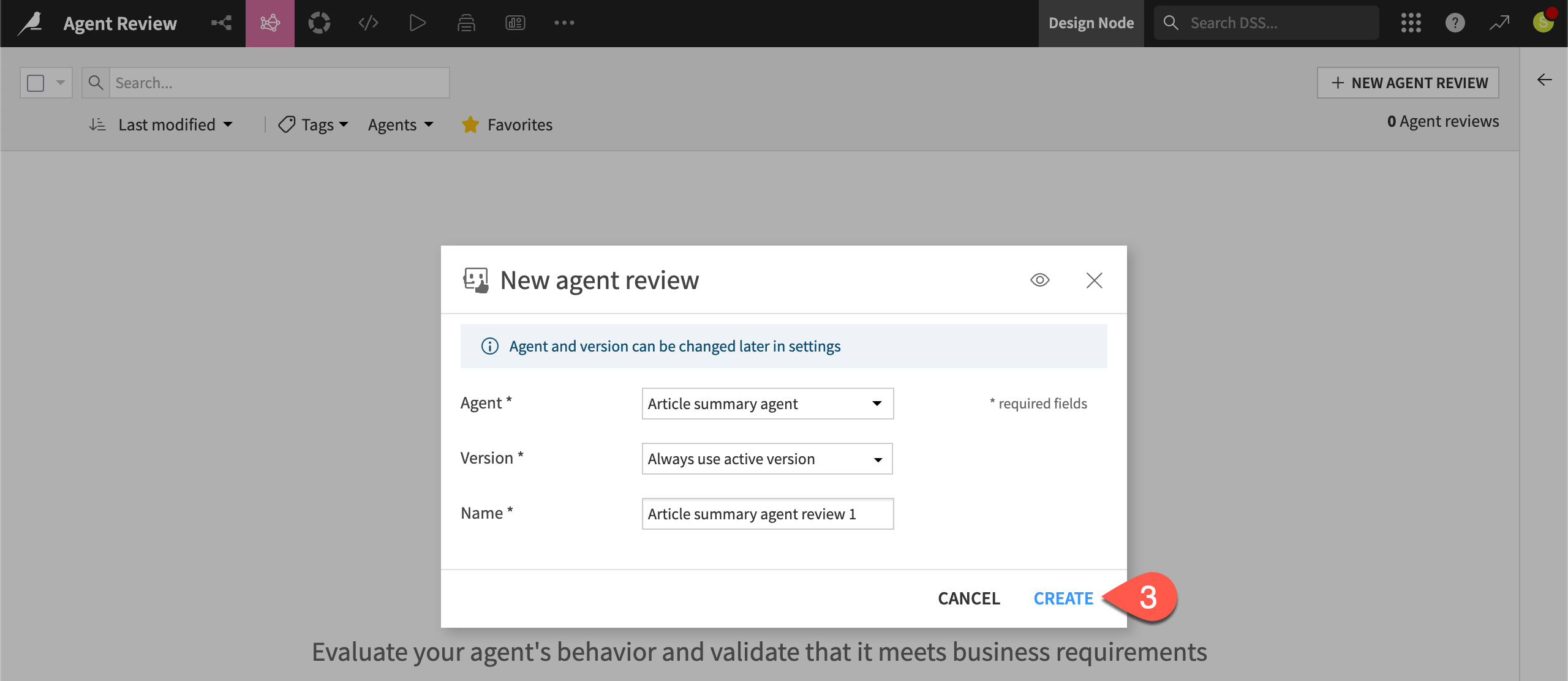Dataiku screenshot of the dialog for creating an agent review.
