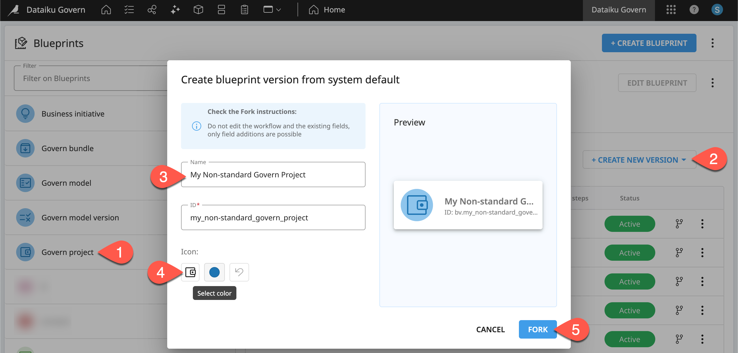 Dataiku screenshot of the dialog for creating a blueprint version.