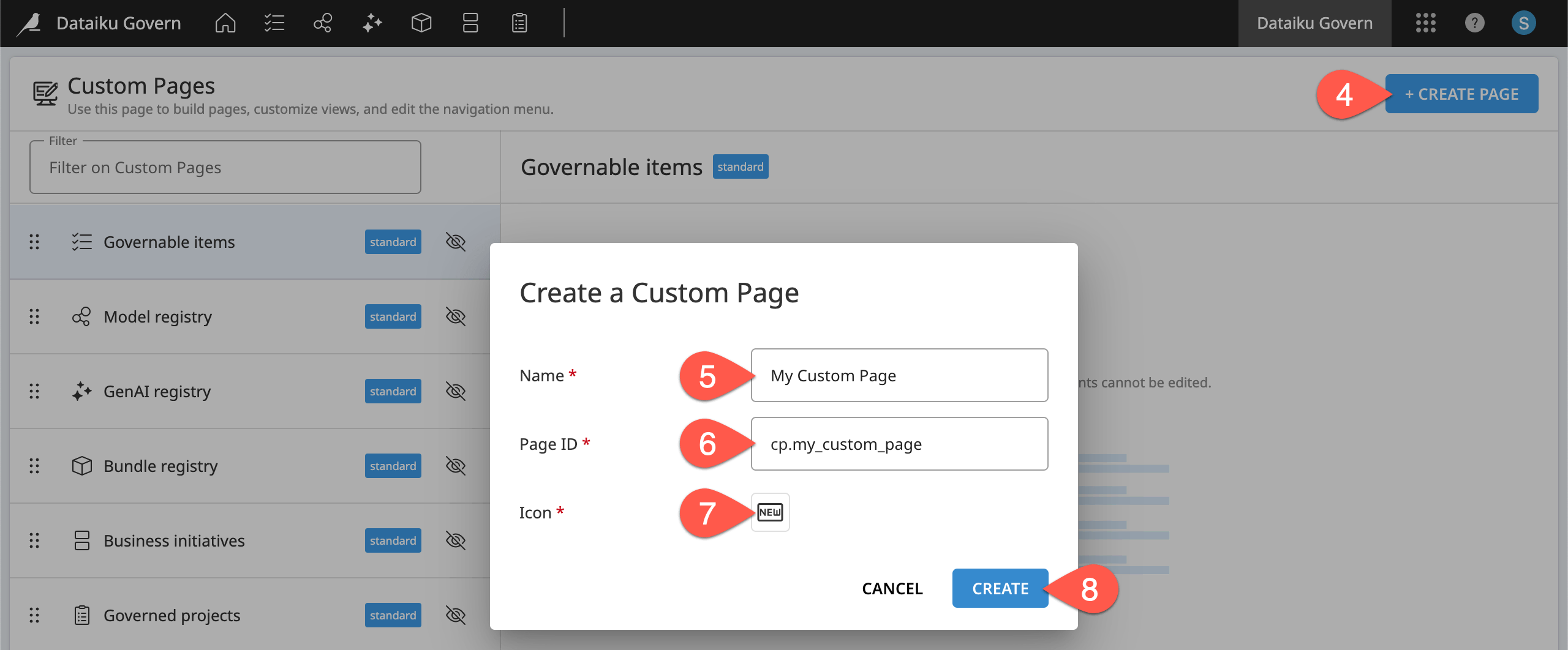 Dataiku screenshot of the dialog to create a new custom page.