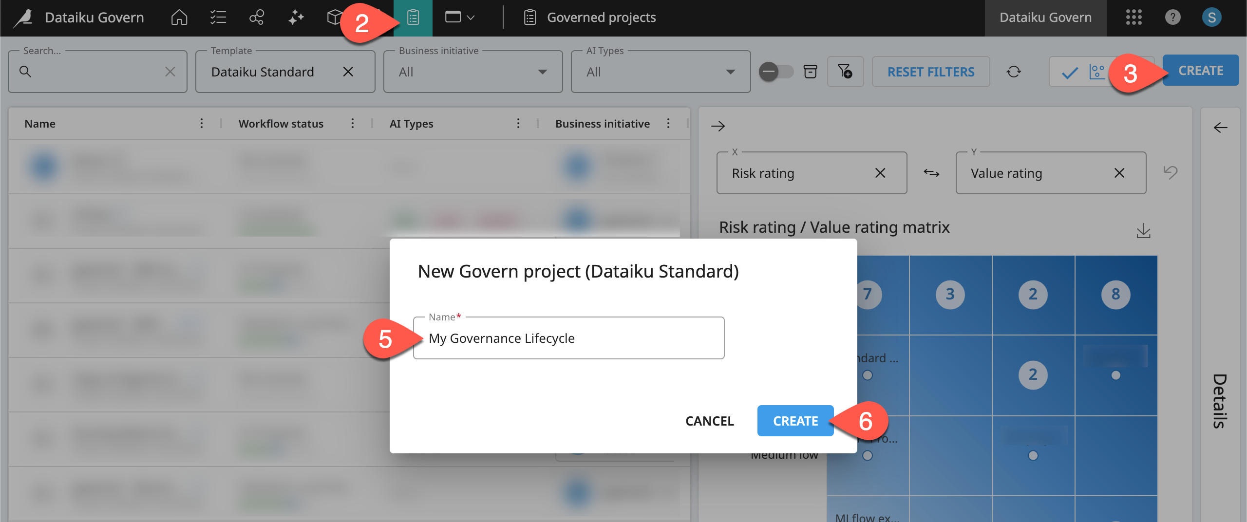 Dataiku screenshot of the dialog to create a Govern project.