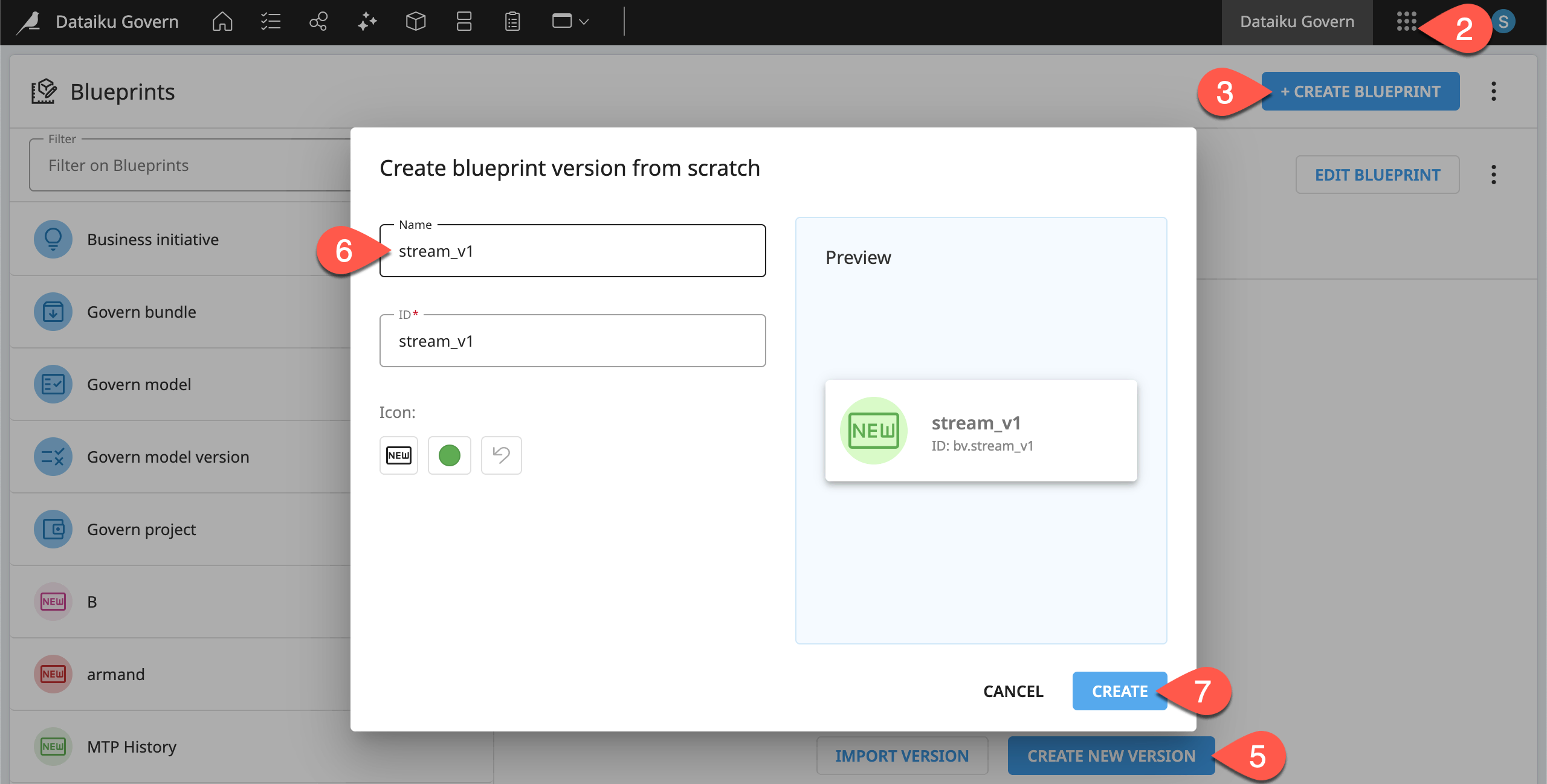 Dataiku screenshot of the dialog to create a new blueprint.