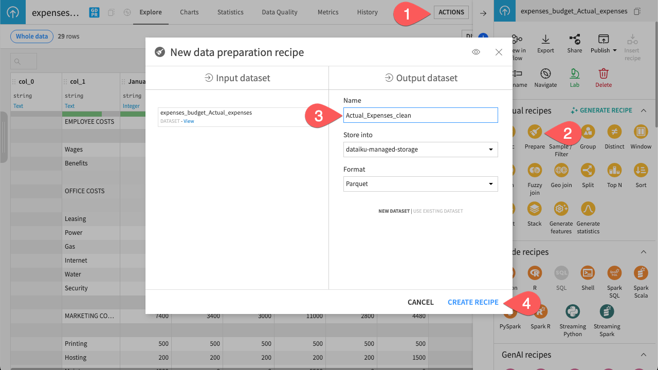 Dataiku screenshot showing the creation of the Prepare recipe.