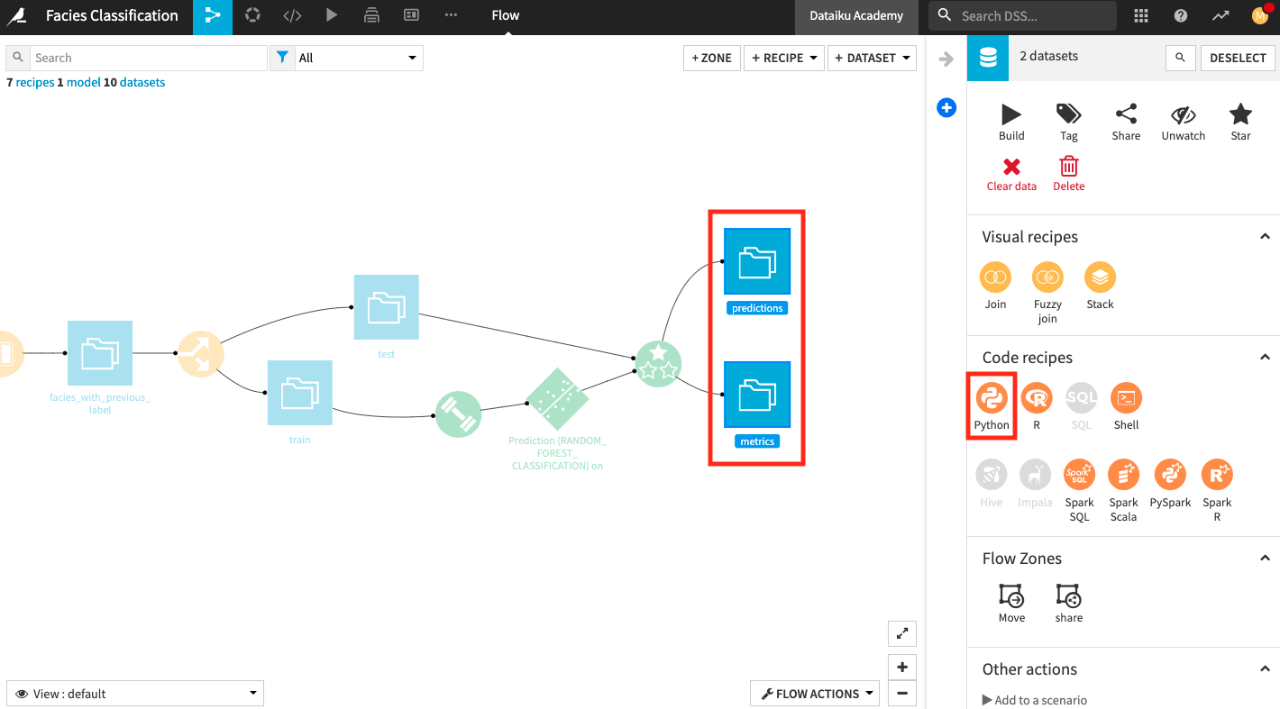 Creating the Python recipe in the Flow.