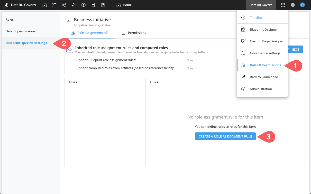 A Dataiku Govern screenshot showing the Create a Role Assignment Rule button in the user interface.