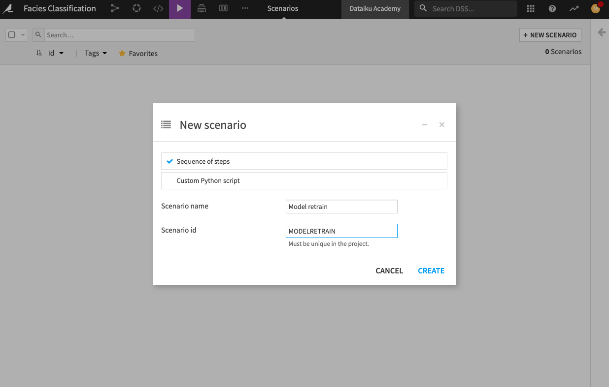 Create a new scenario  called “Model retrain”.