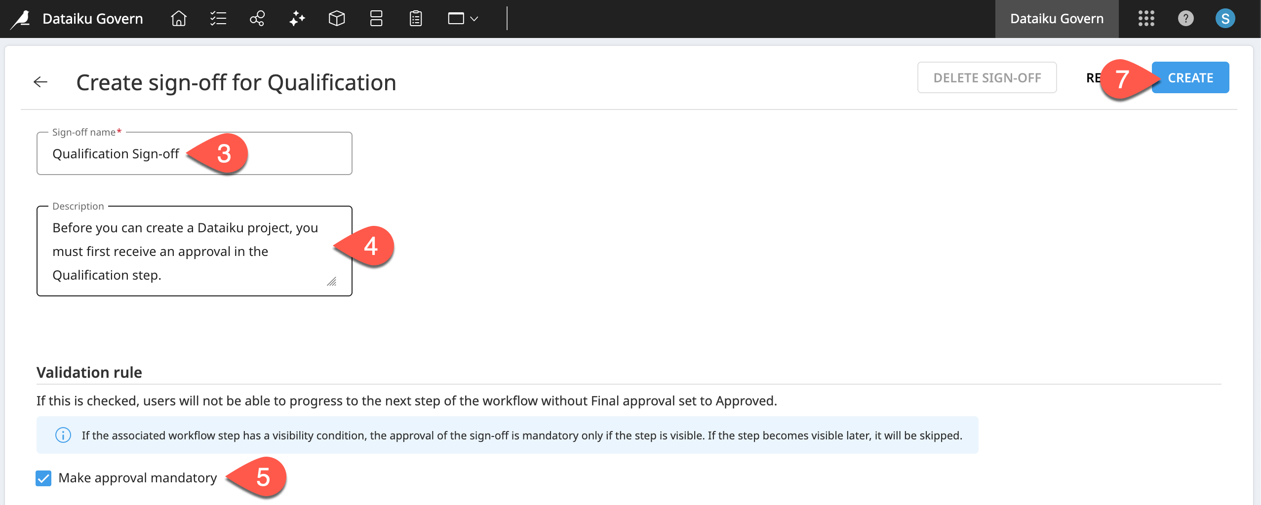 Dataiku screenshot of the dialog to create a custom sign-off.