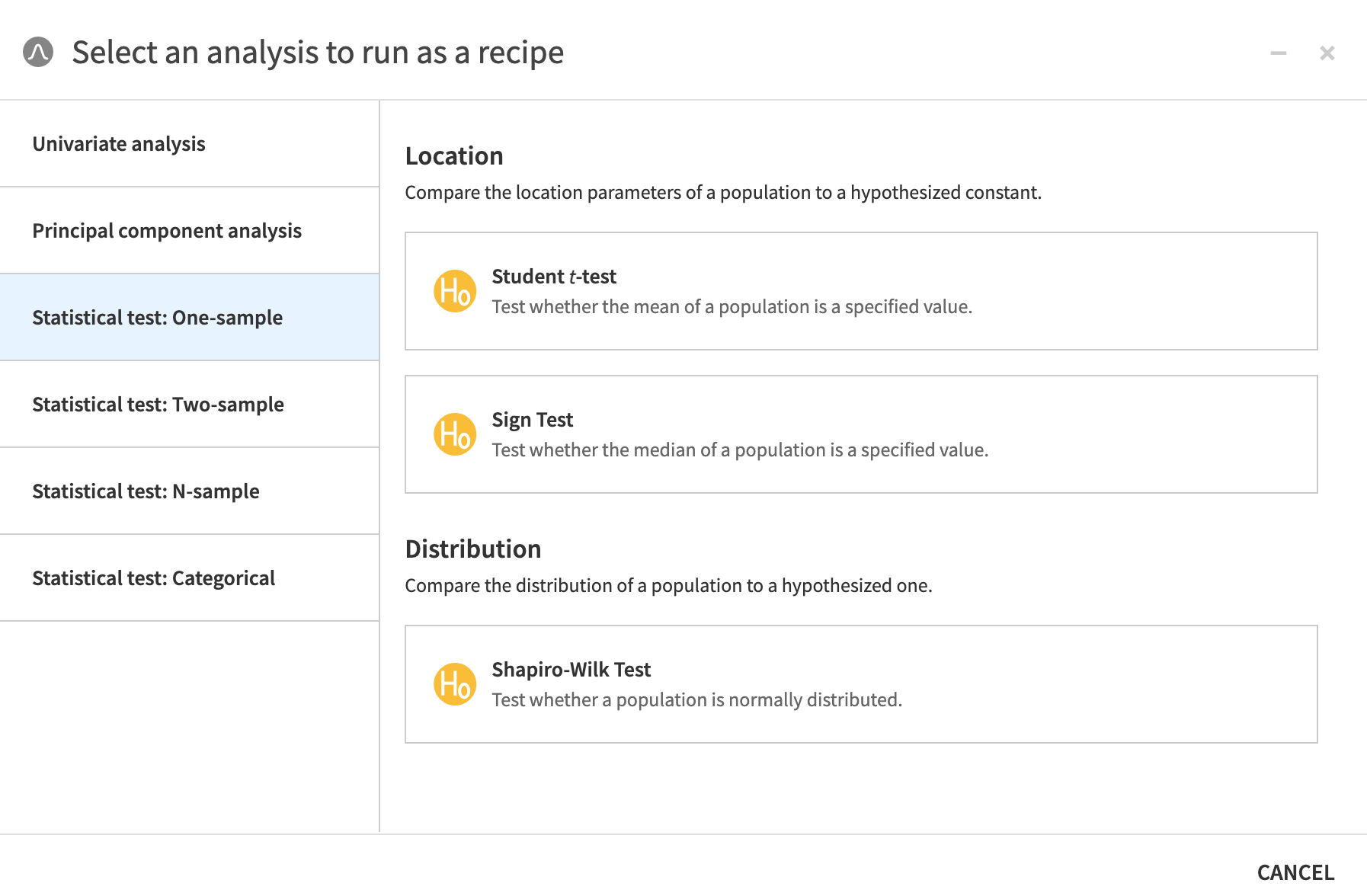 Dataiku screenshot of the univariate analysis recipe configuration page.