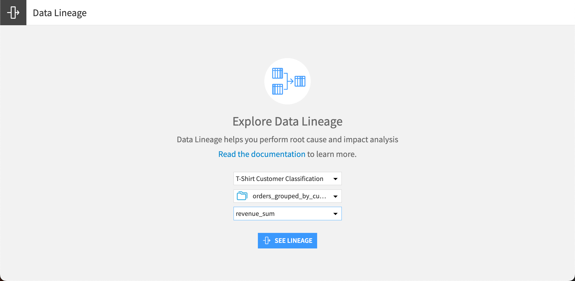 Explore view for the data lineage.