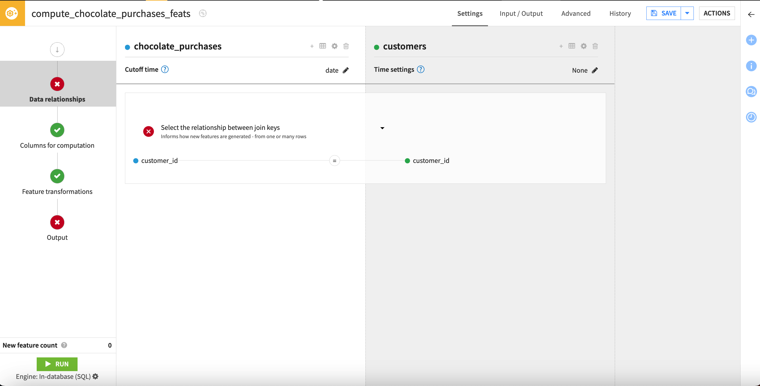 Data relationships settings in the Generate features recipe.