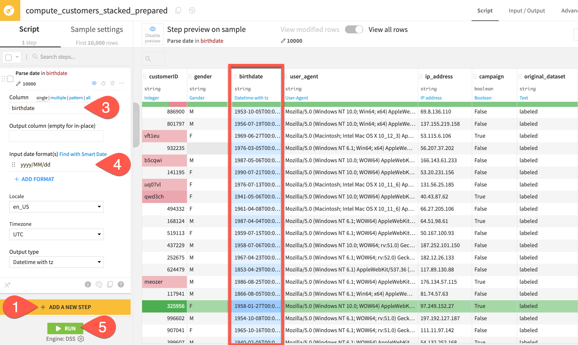 Dataiku screenshot of a Prepare recipe.