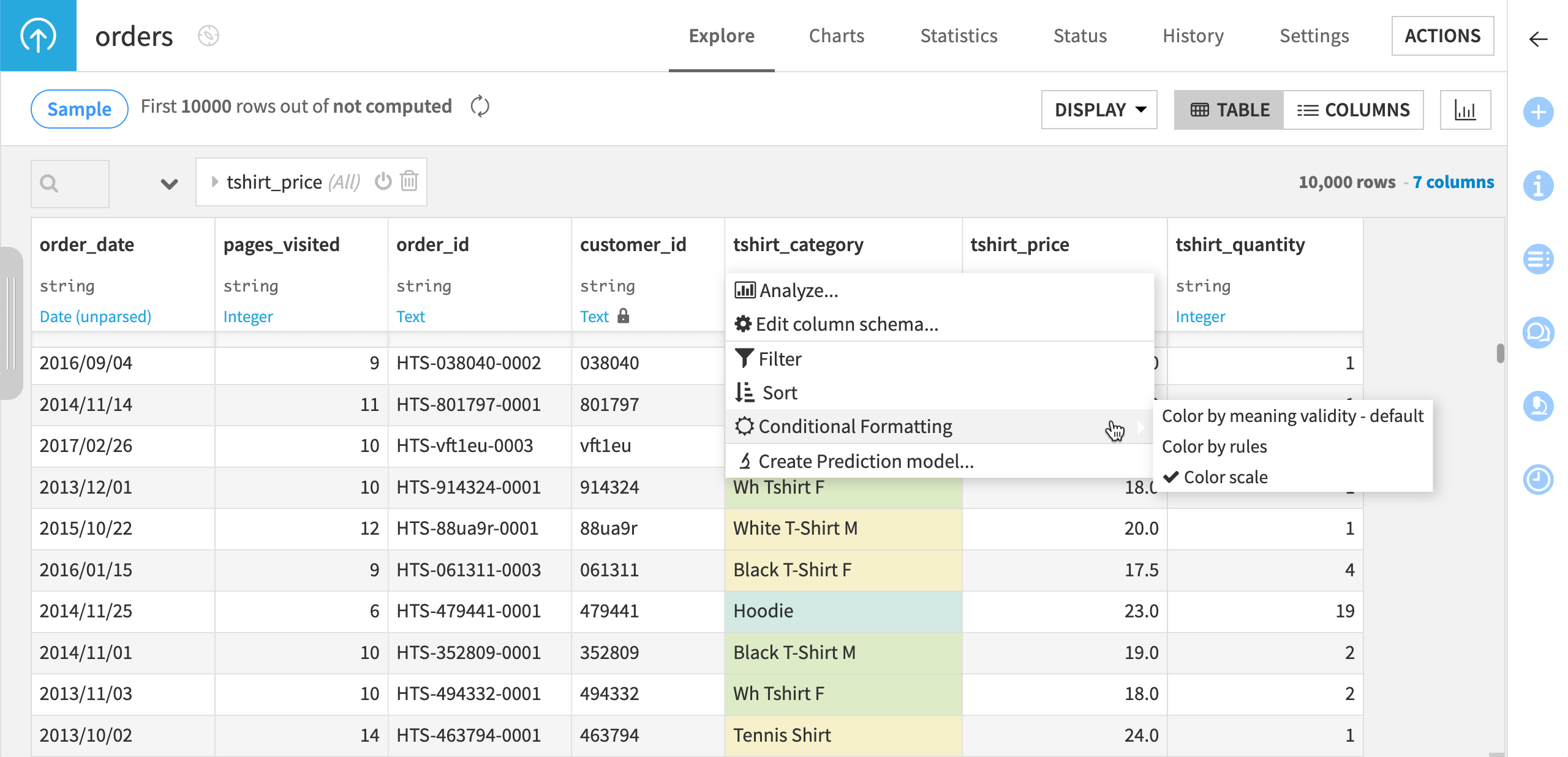 Screenshot of the Color column by value menu.