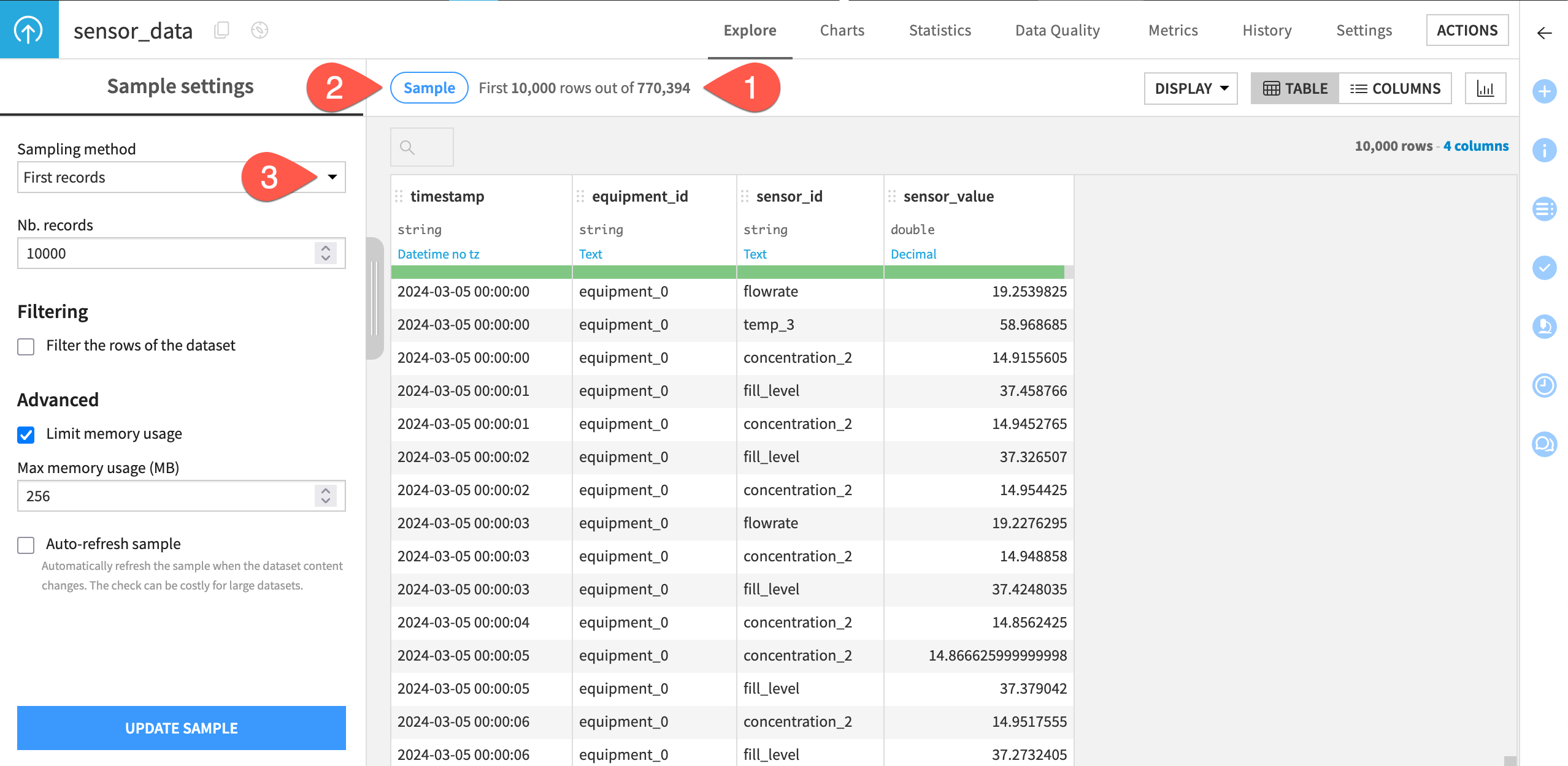 Dataiku screenshot of the sampling tab for a dataset.