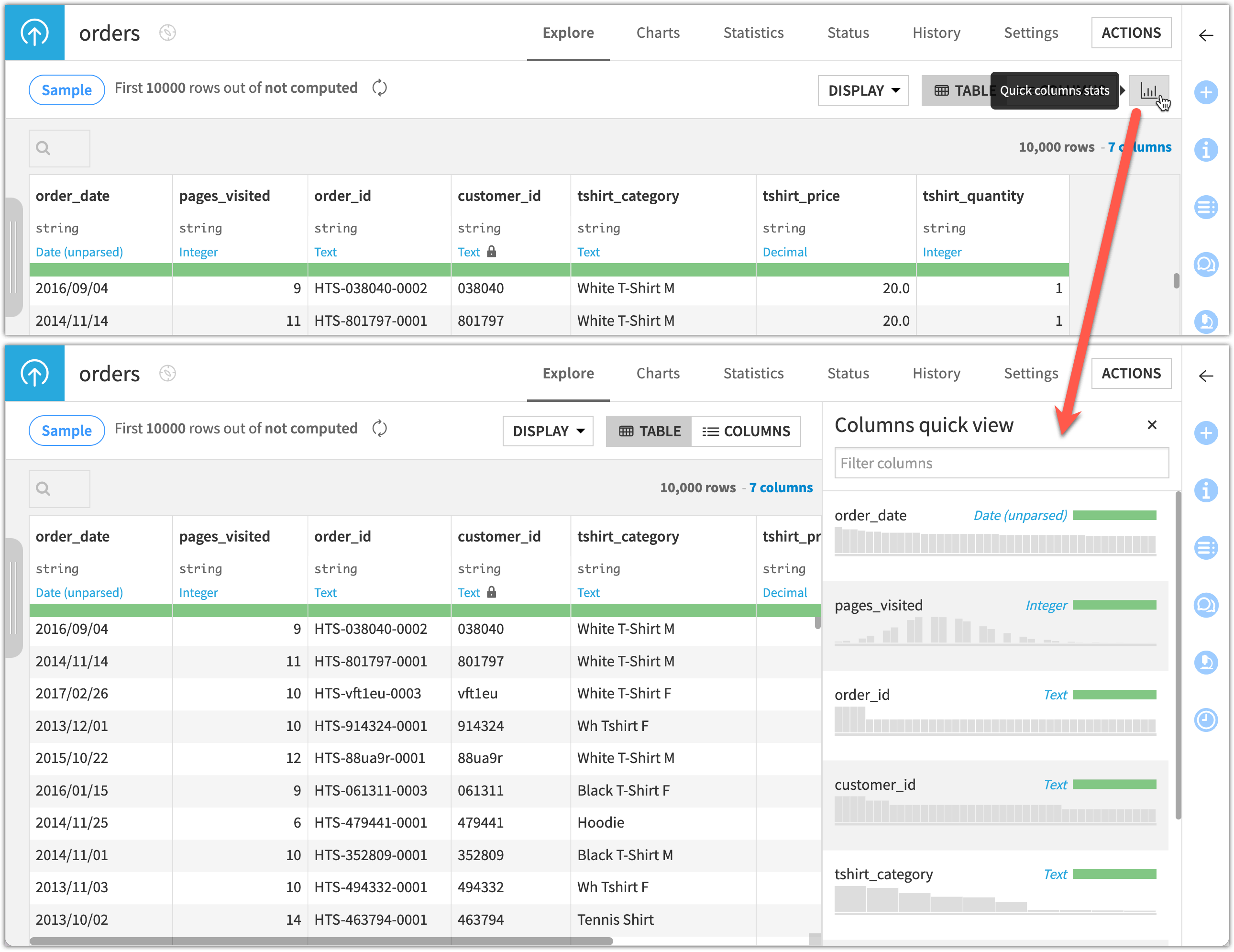 Screenshot of the column distribution view.